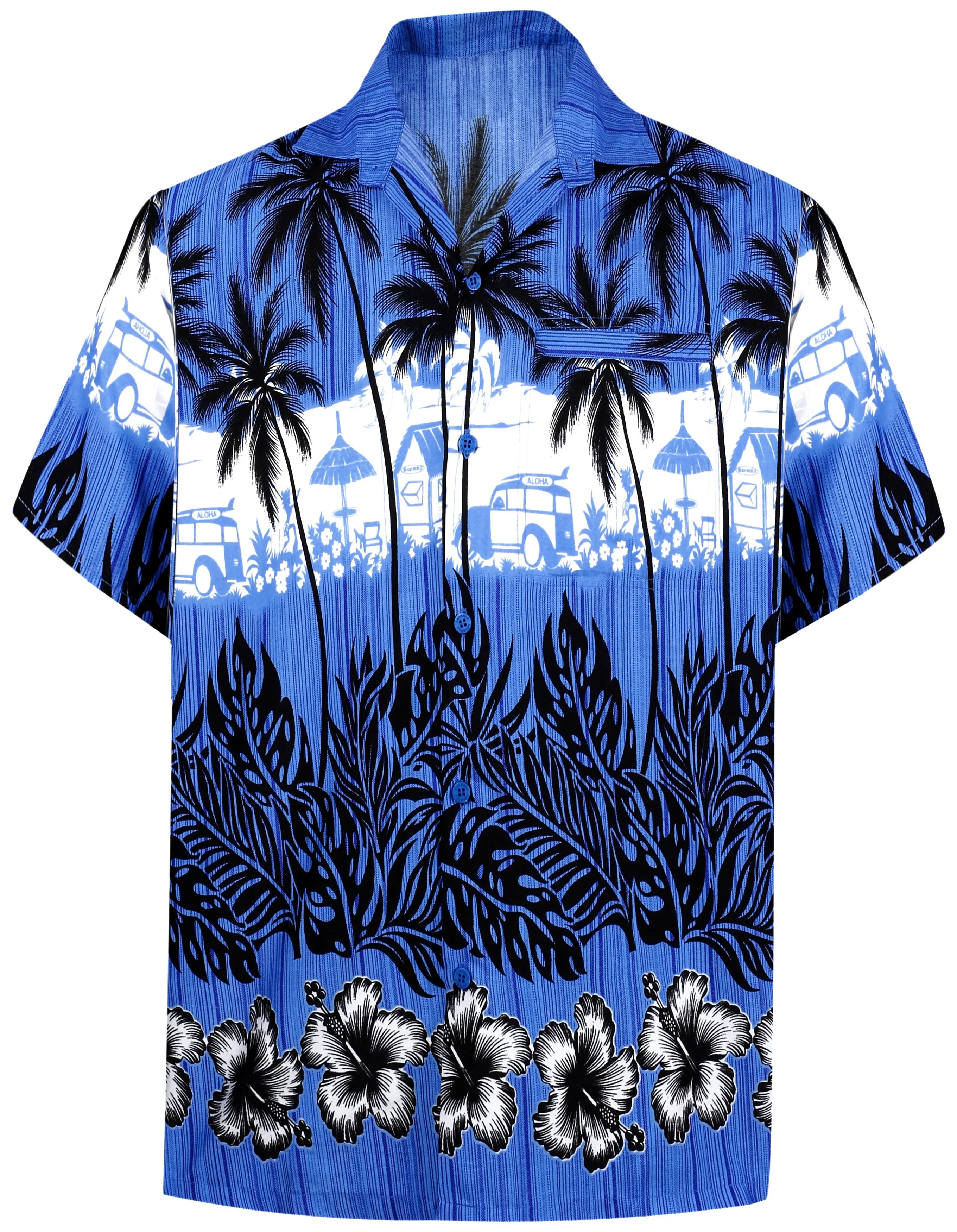 LA LEELA Shirt Casual Button Down Short Sleeve Beach Shirt Men Aloha Pocket Blue_W386