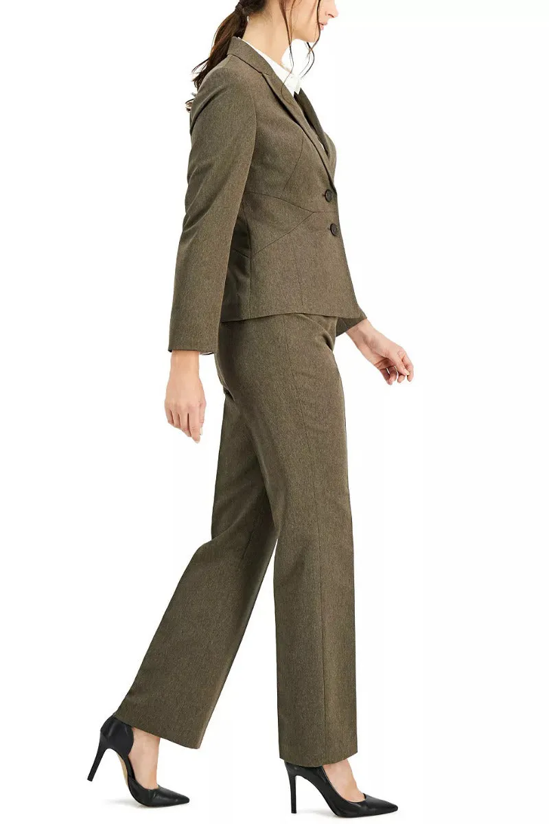 Le Suit Cotched Collar Two-Button Closure Shoulder Pads with Straight Leg, Zipper with Hook and Bar Closure Crepe Pantsuit