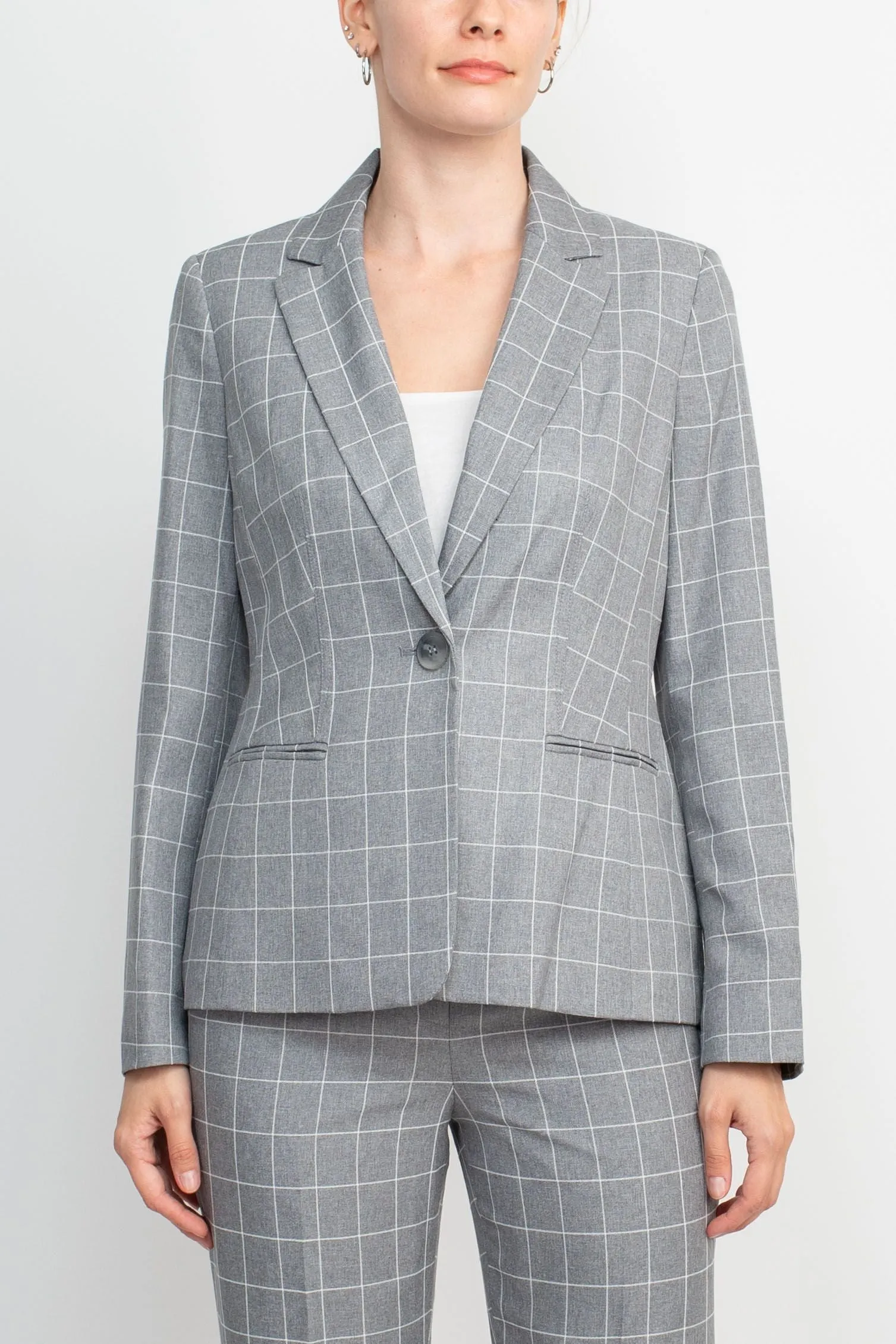 Le Suit Notched Collar 1 Button Tie Mélange Windowpane Jacket with Button Hook Zipper Closure Crepe Pants Suit (Two Piece Set)