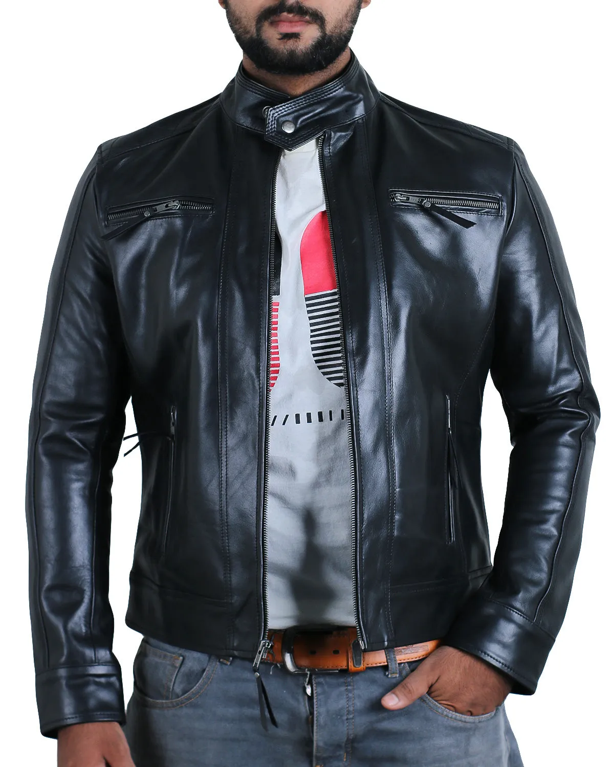 Leather Jackets Hub Mens Genuine Cowhide Leather Jacket (Black, Racer Jacket) - 1501625