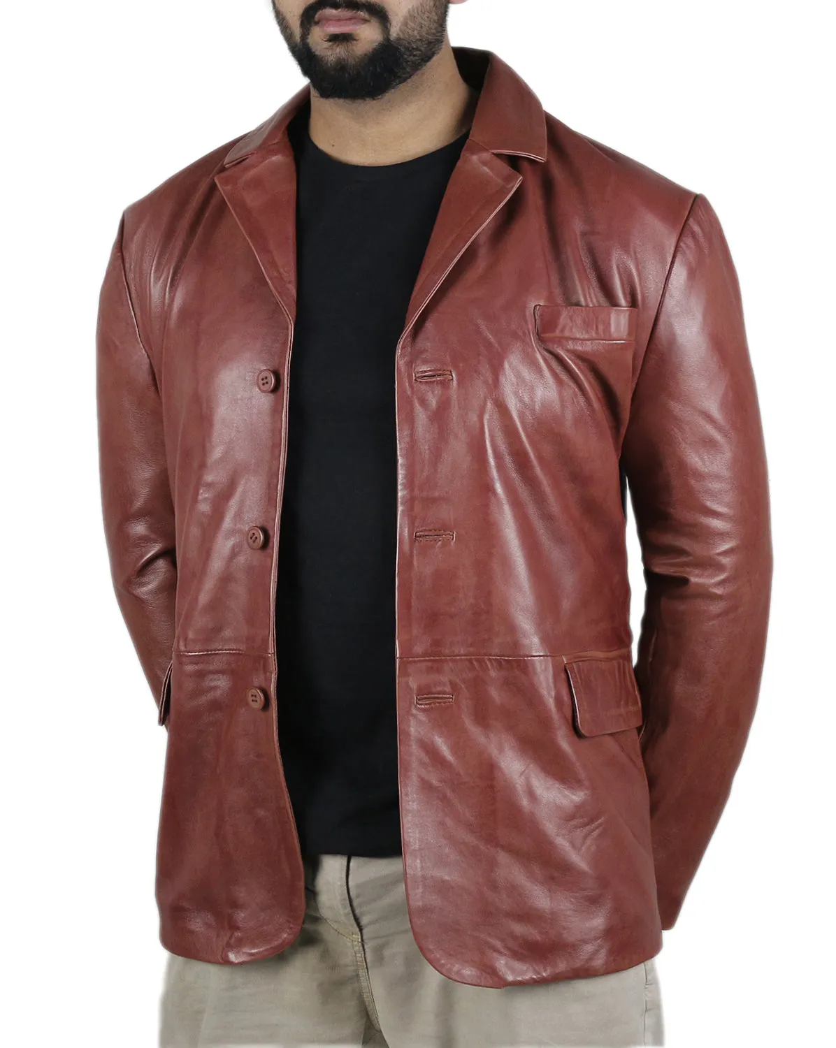 Leather Jackets Hub Mens Genuine Lambskin Leather Coat (Black, Blazer Jacket) - 1501831