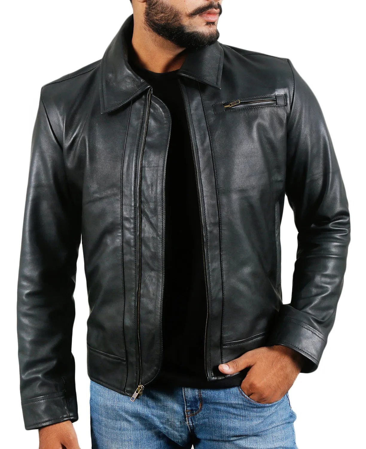 Leather Jackets Hub Mens Genuine Lambskin Leather Jacket (Black, Aviator Jacket) - 1501013