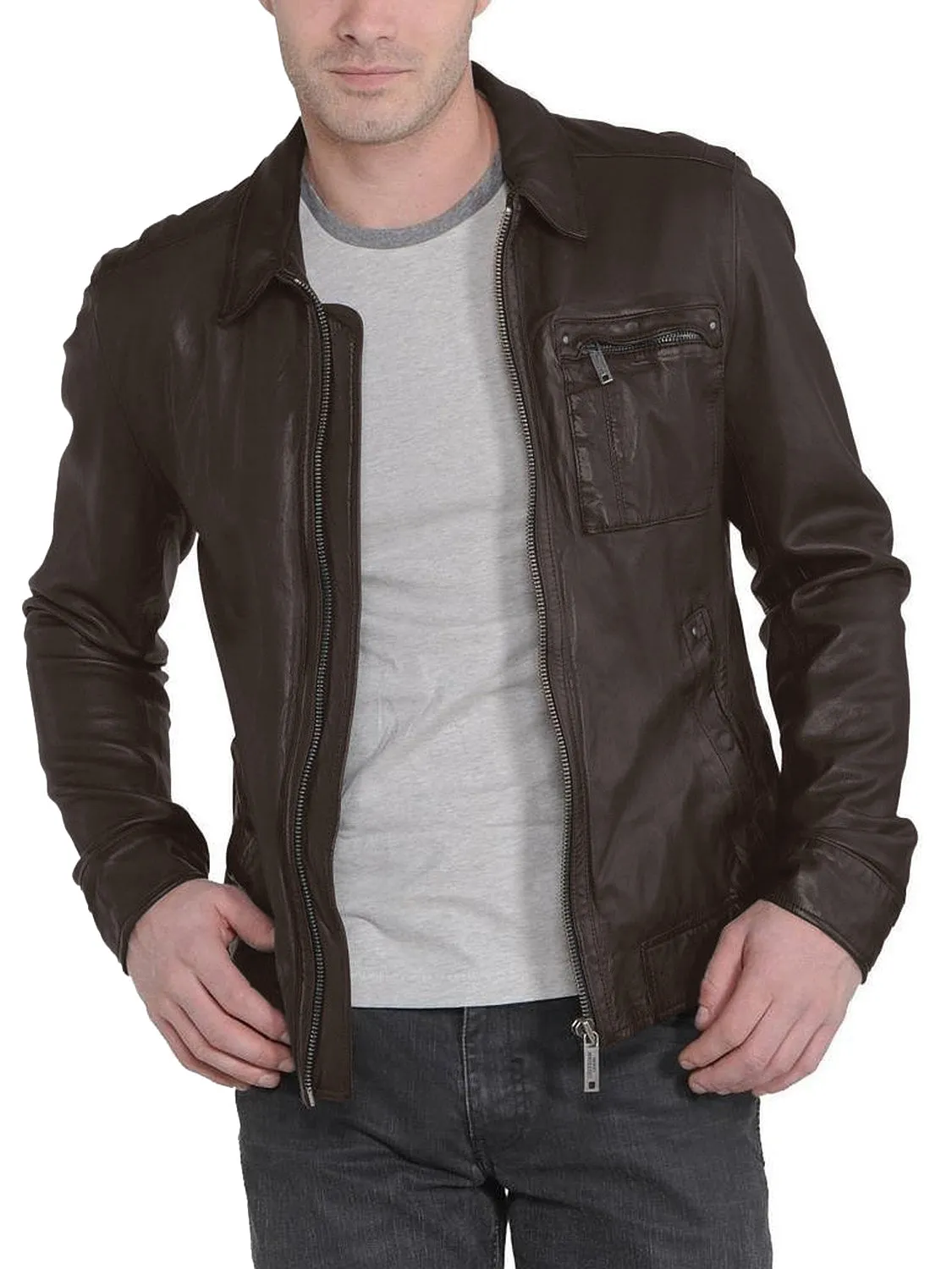 Leather Jackets Hub Mens Genuine Lambskin Leather Jacket (Black, Aviator Jacket) - 1501221