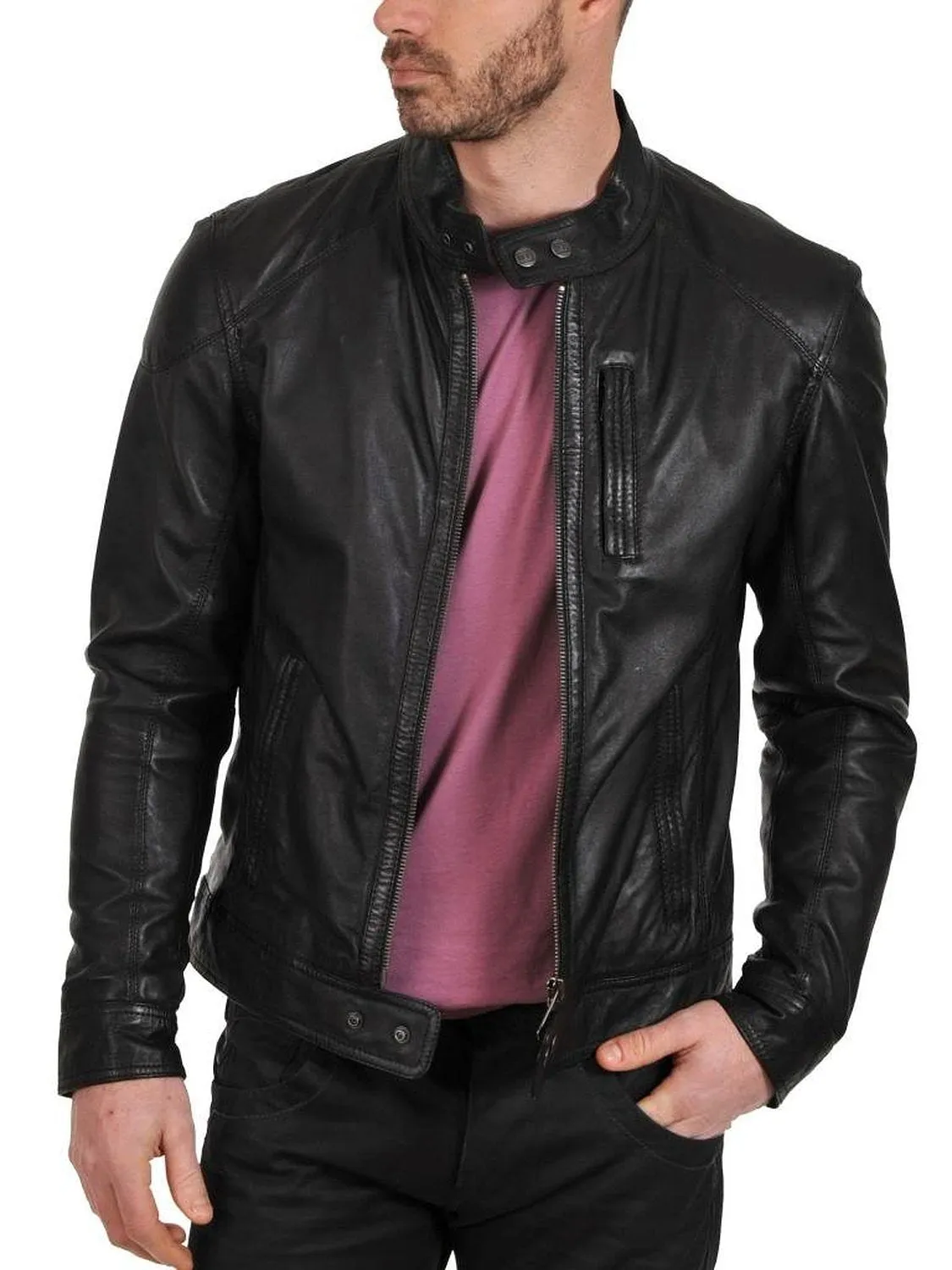 Leather Jackets Hub Mens Genuine Lambskin Leather Jacket (Black, Racer Jacket) - 1501069