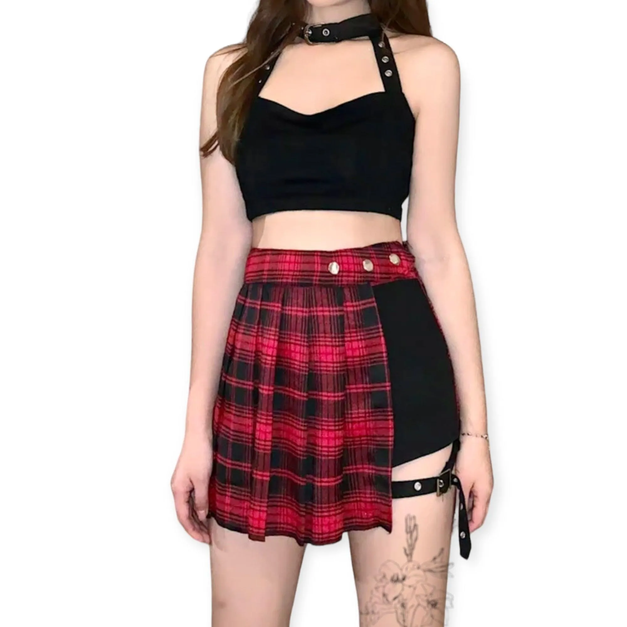 Leg Harness Plaid Pleated Mini Skirt for Women