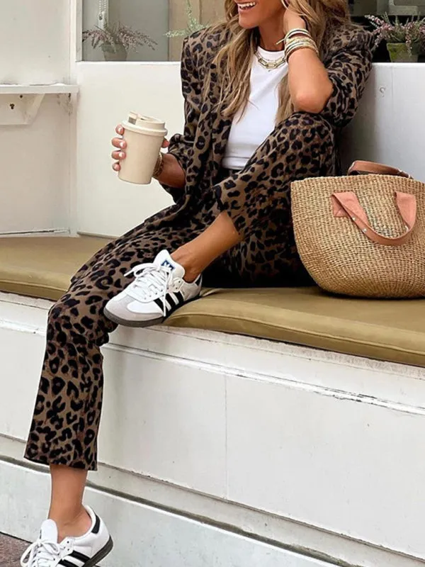 Leopard Print Suit Pants and Blazer Set for Business Wear