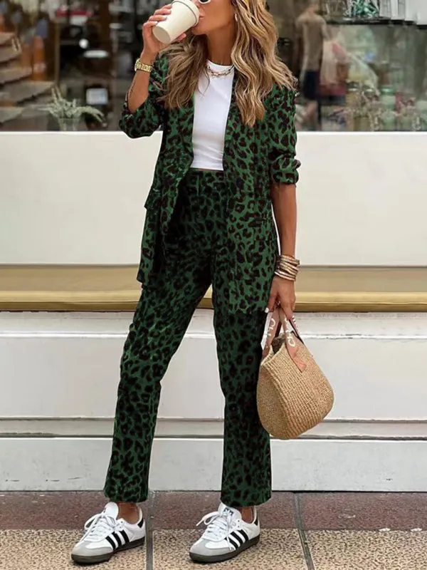 Leopard Print Suit Pants and Blazer Set for Business Wear