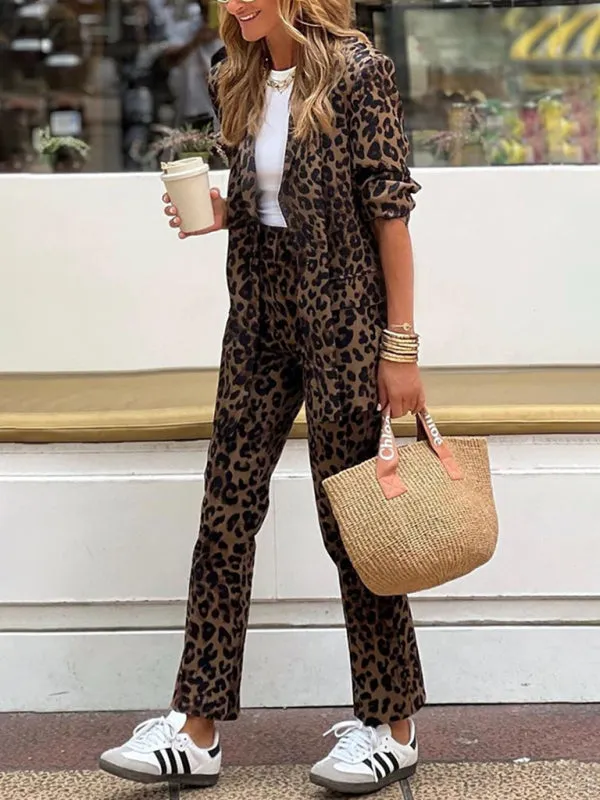 Leopard Print Suit Pants and Blazer Set for Business Wear