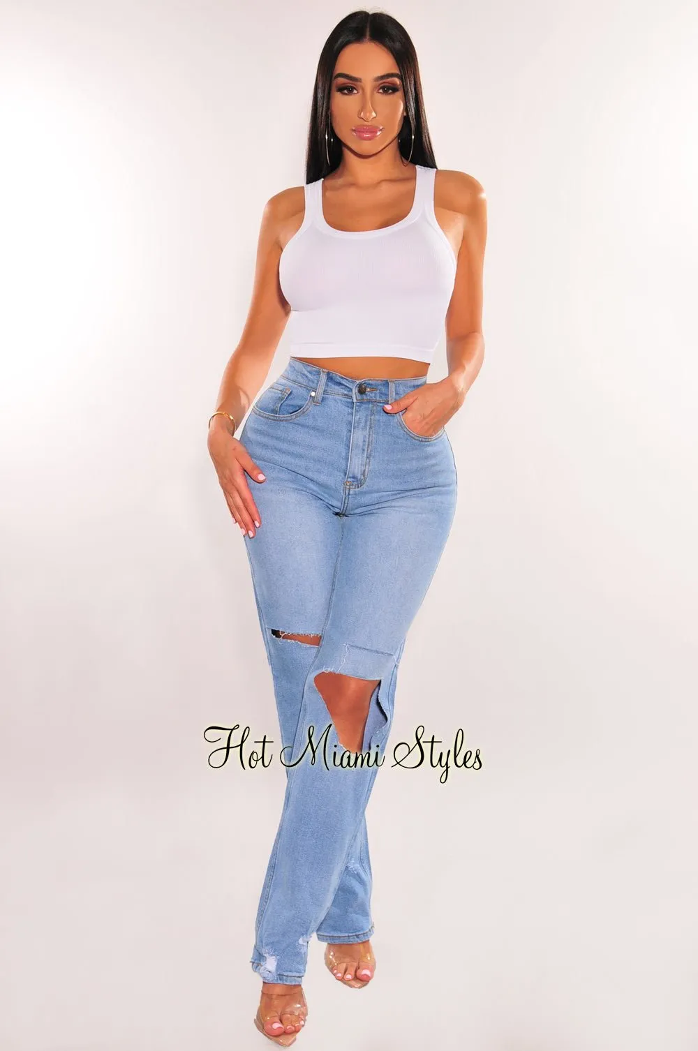 Light Denim High Waist Destroyed Wide Leg Jeans