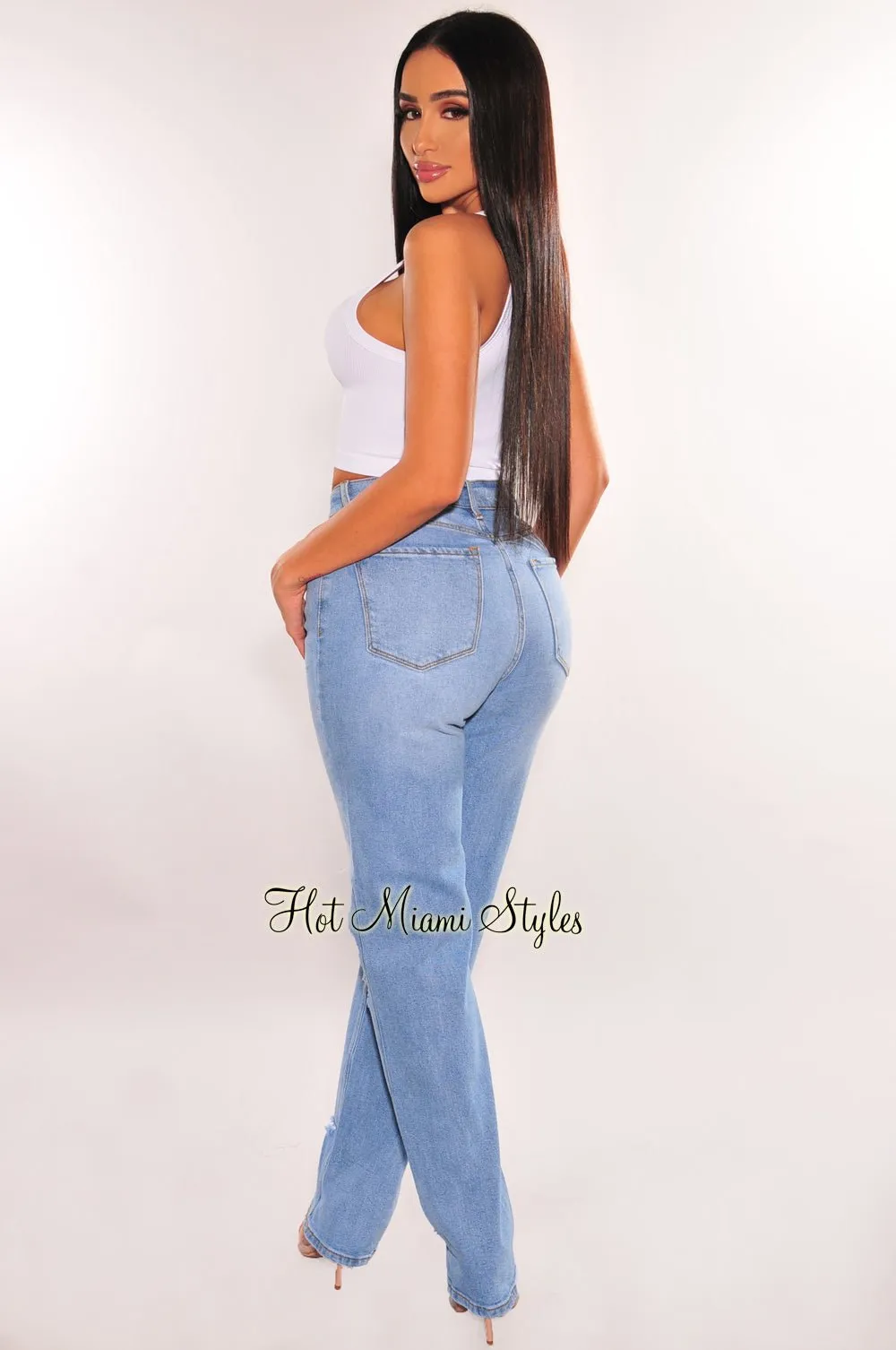 Light Denim High Waist Destroyed Wide Leg Jeans