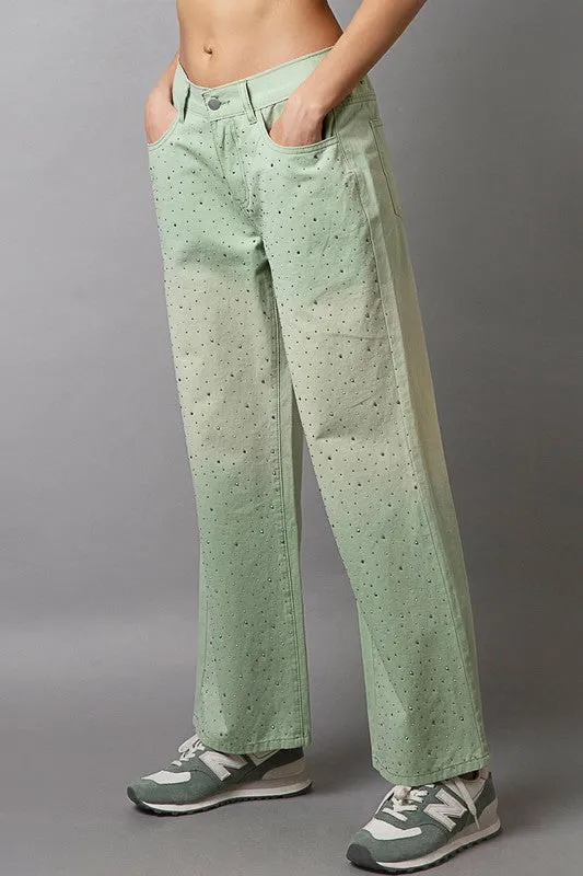 Light Green Embellishments Gradient Wide Leg Pants