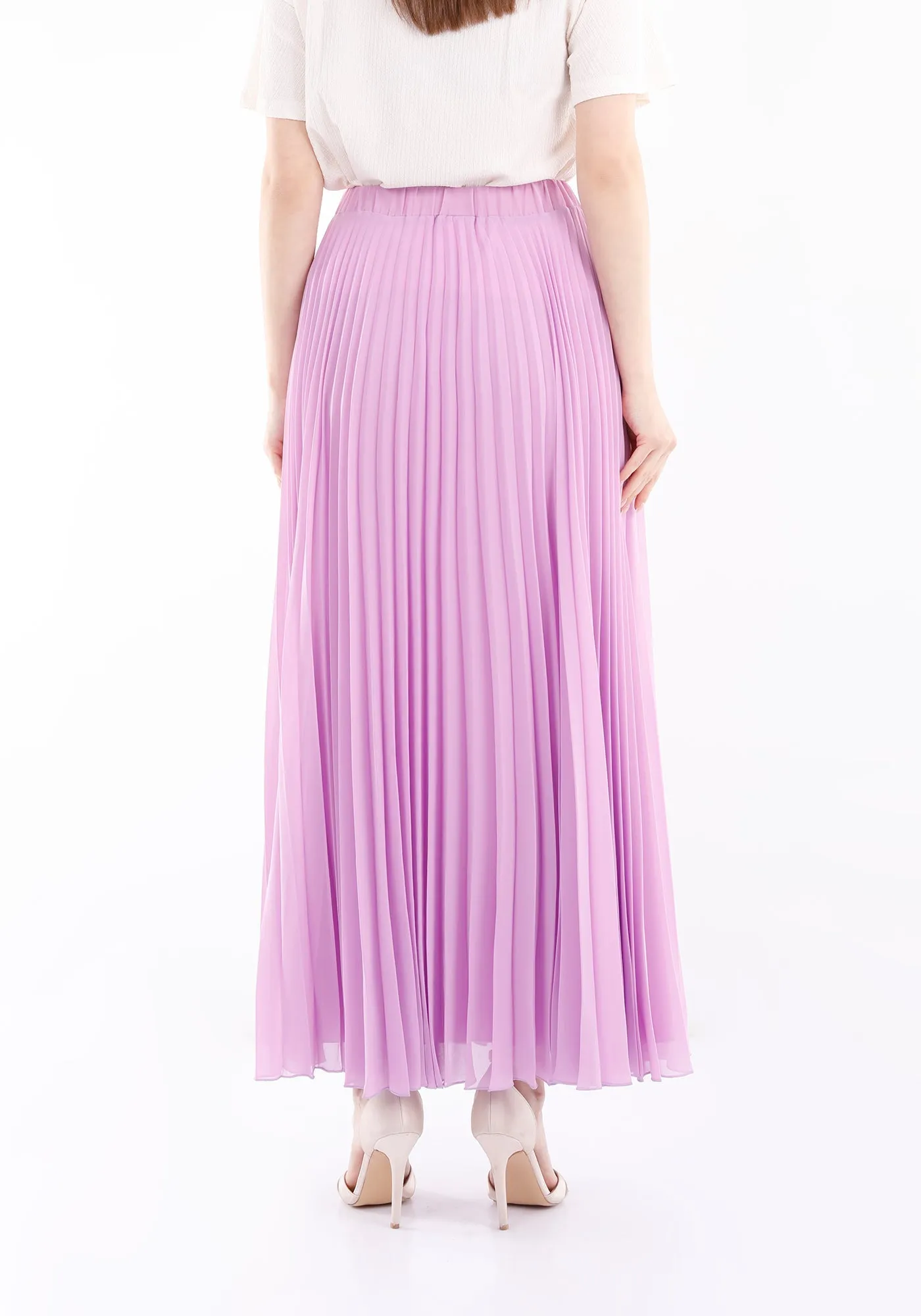 Lilac Chiffon Pleated Maxi Skirt with Elastic Waist Band