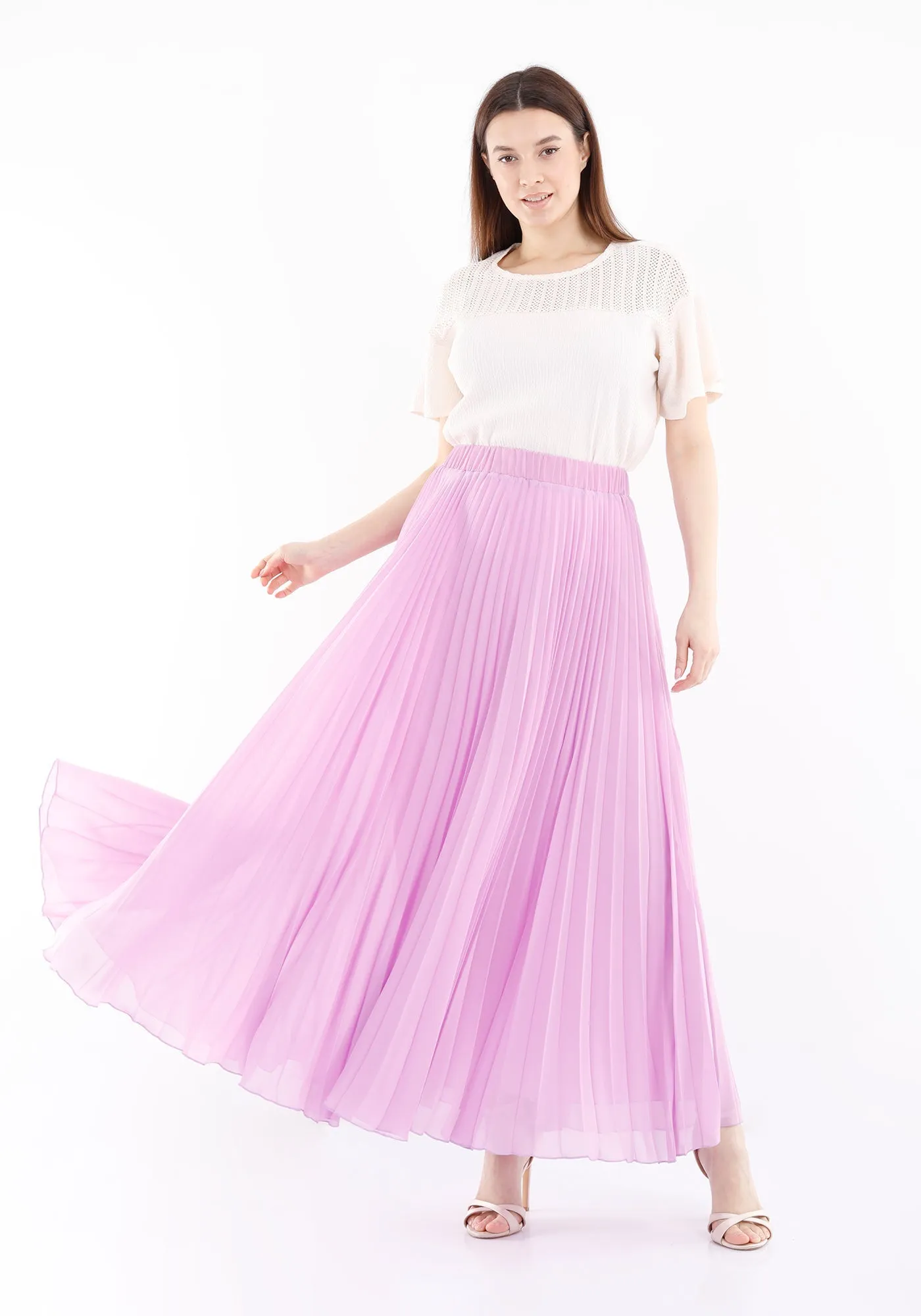 Lilac Chiffon Pleated Maxi Skirt with Elastic Waist Band