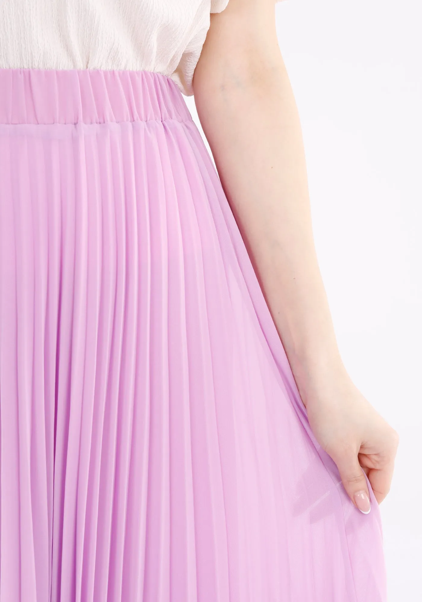 Lilac Chiffon Pleated Maxi Skirt with Elastic Waist Band