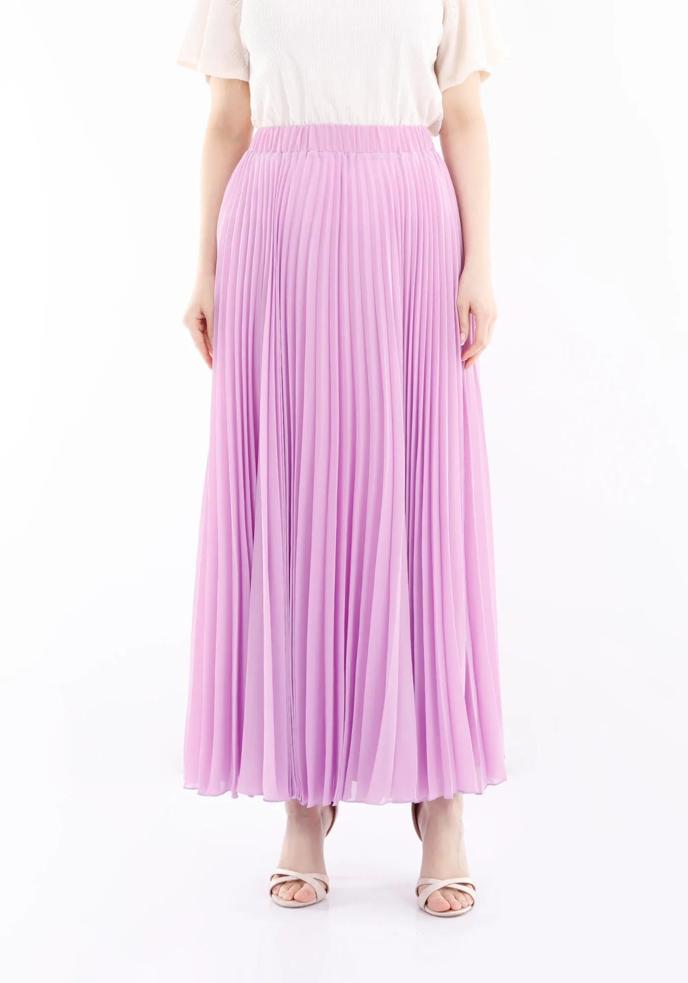 Lilac Chiffon Pleated Maxi Skirt with Elastic Waist Band