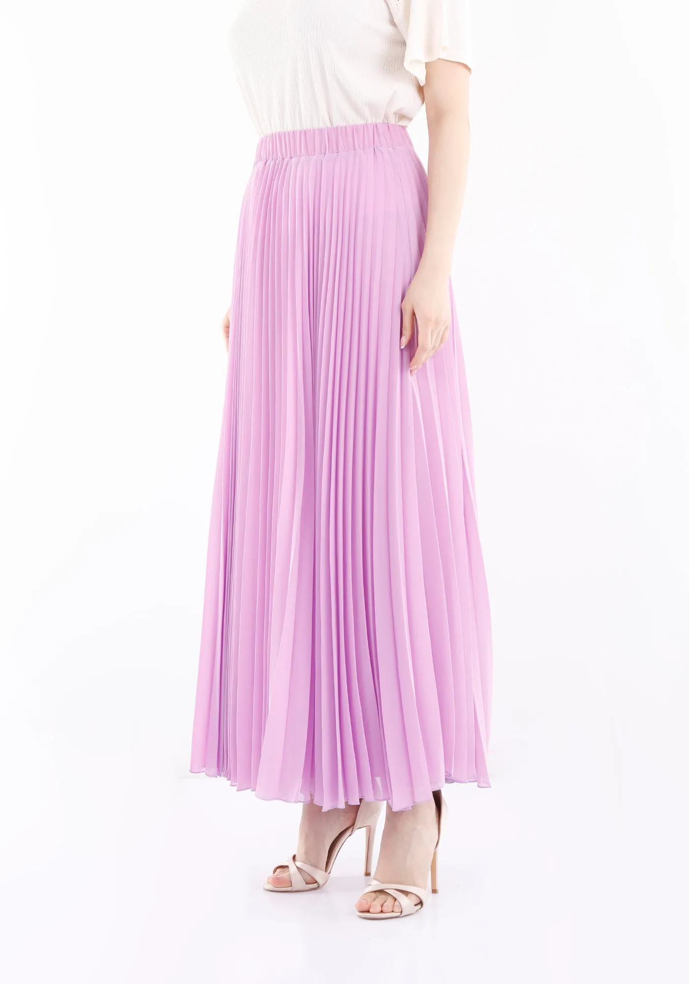 Lilac Chiffon Pleated Maxi Skirt with Elastic Waist Band