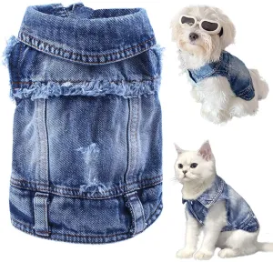 LKEX Dog Jean Jacket, Cool and Soft Shirt, Pet Blue Denim Coat, Classic Lapel Vests, Fashion Clothes for Small Medium Dogs Cats