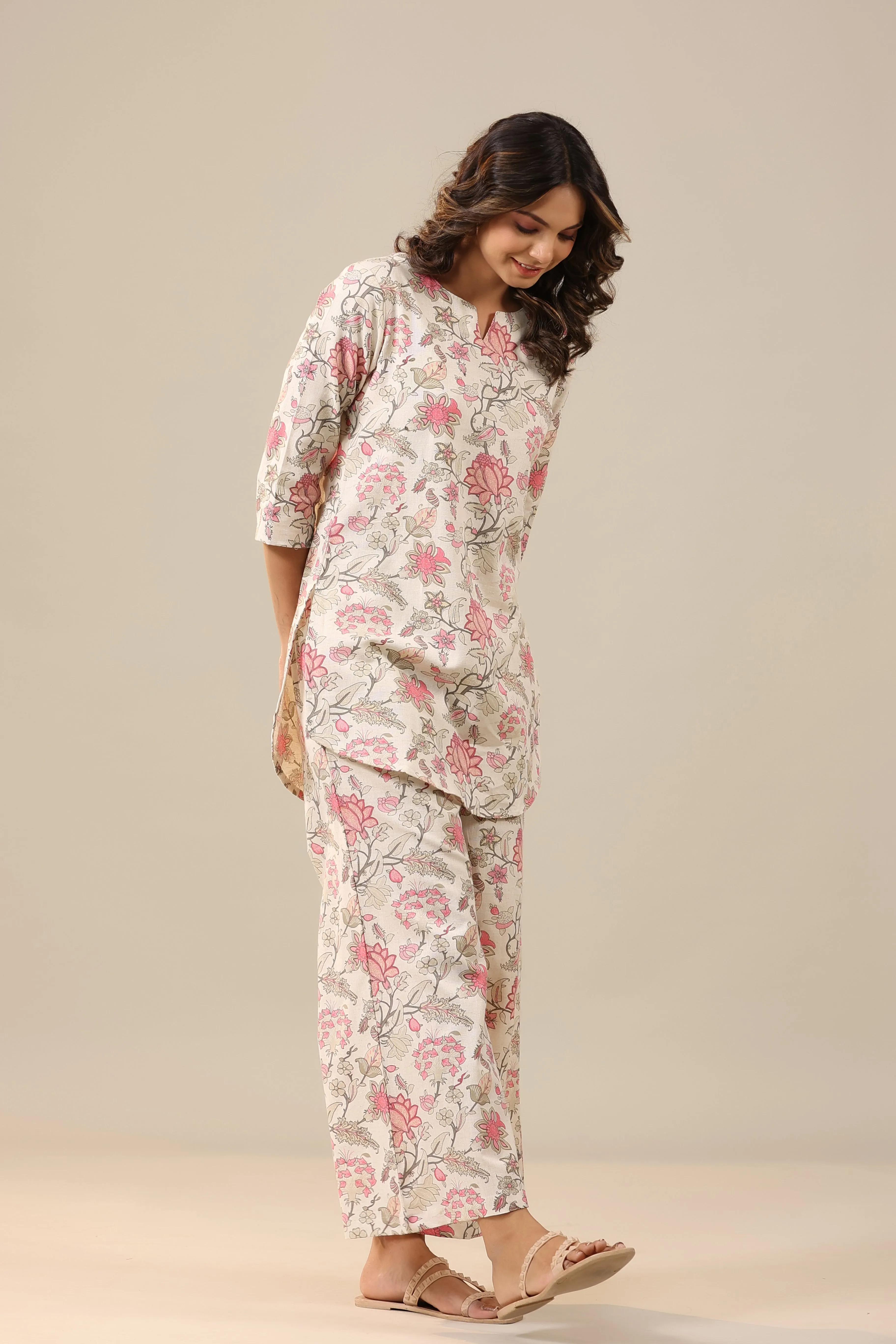 Marigold Pink Jaal on White Cotton Flex Palazzo Loungewear Set