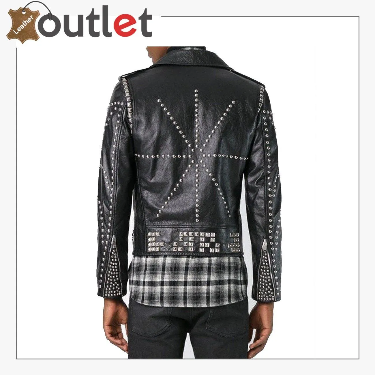 Men Classic Sliver Studded Leather Motorcycle Jacket