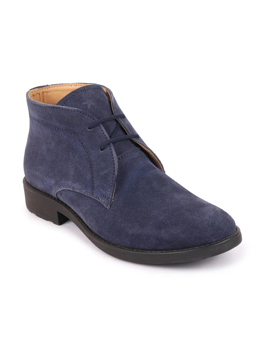 Men Navy Blue Suede Leather High Ankle Lace Up Chukka Boots