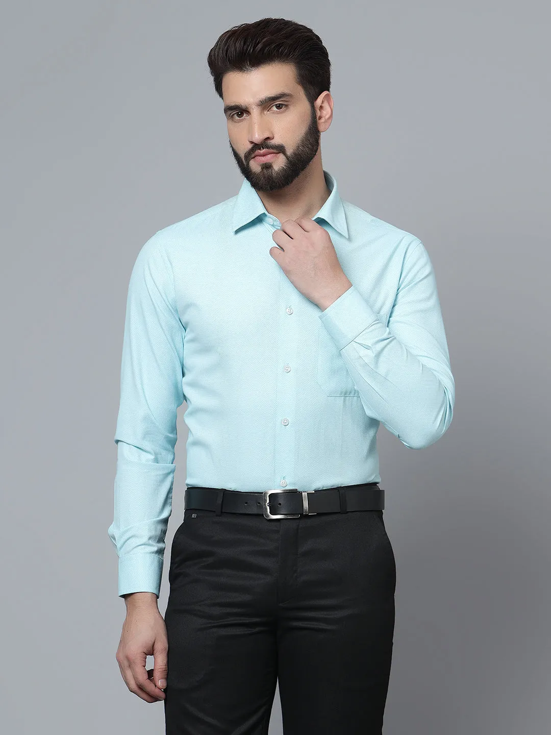 Men's Aqua Formal Self Textured Full Sleeve Shirt