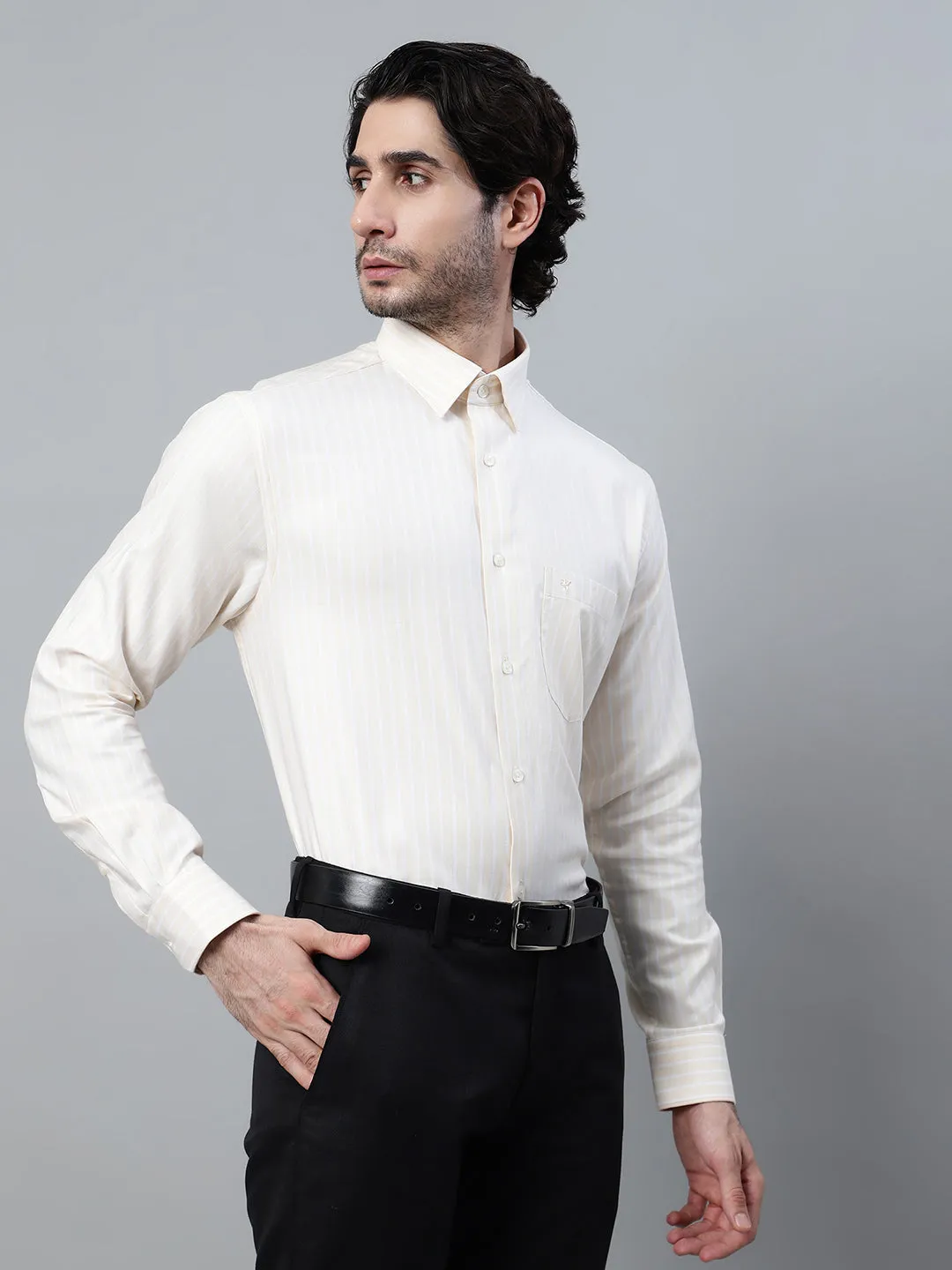 Men's Beige Striped Full Sleeve Formal Shirt