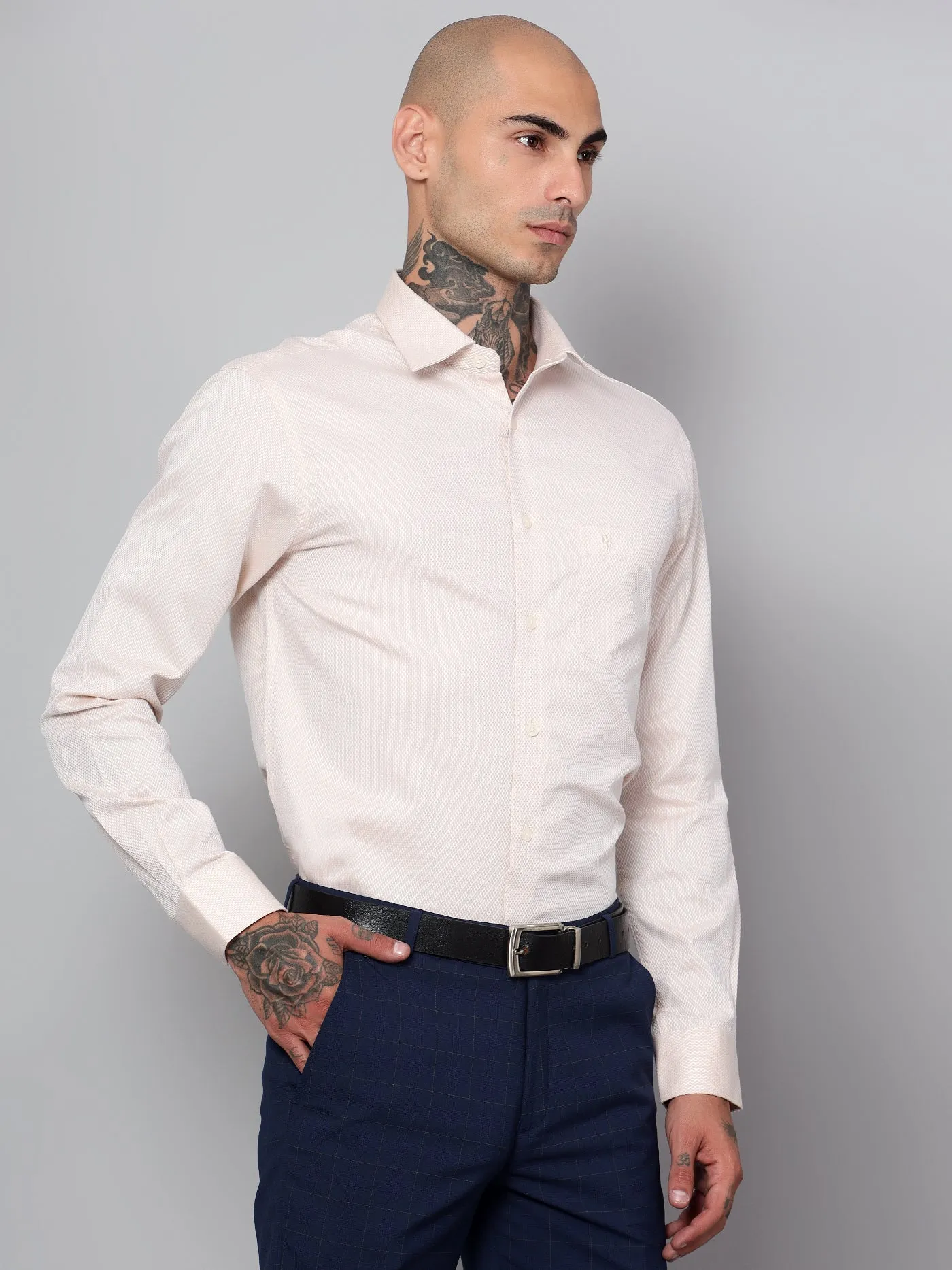 Men's Fawn Formal Self Textured Full Sleeve Shirt