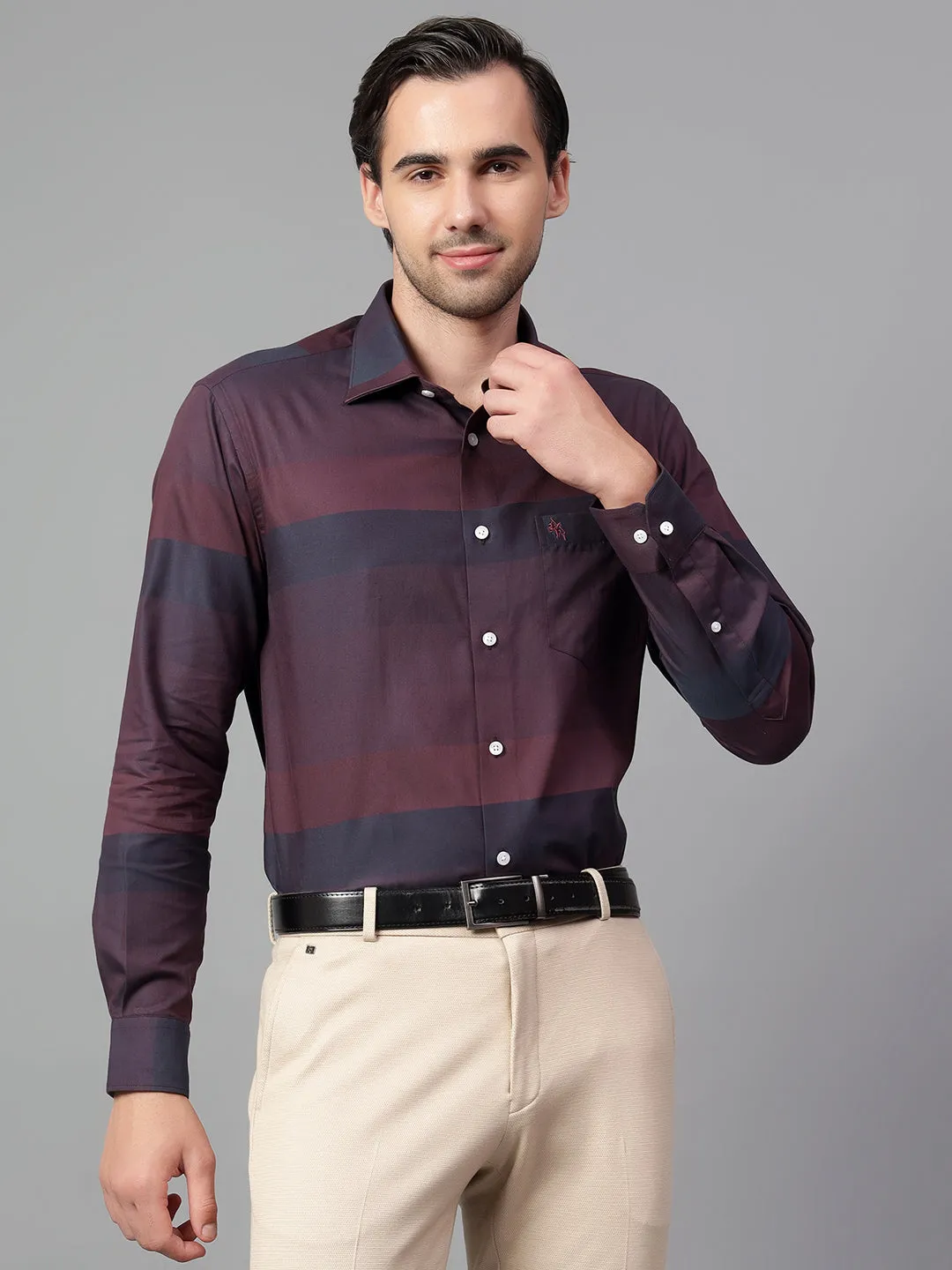 Men's Maroon Self Design Full Sleeve Formal Shirt