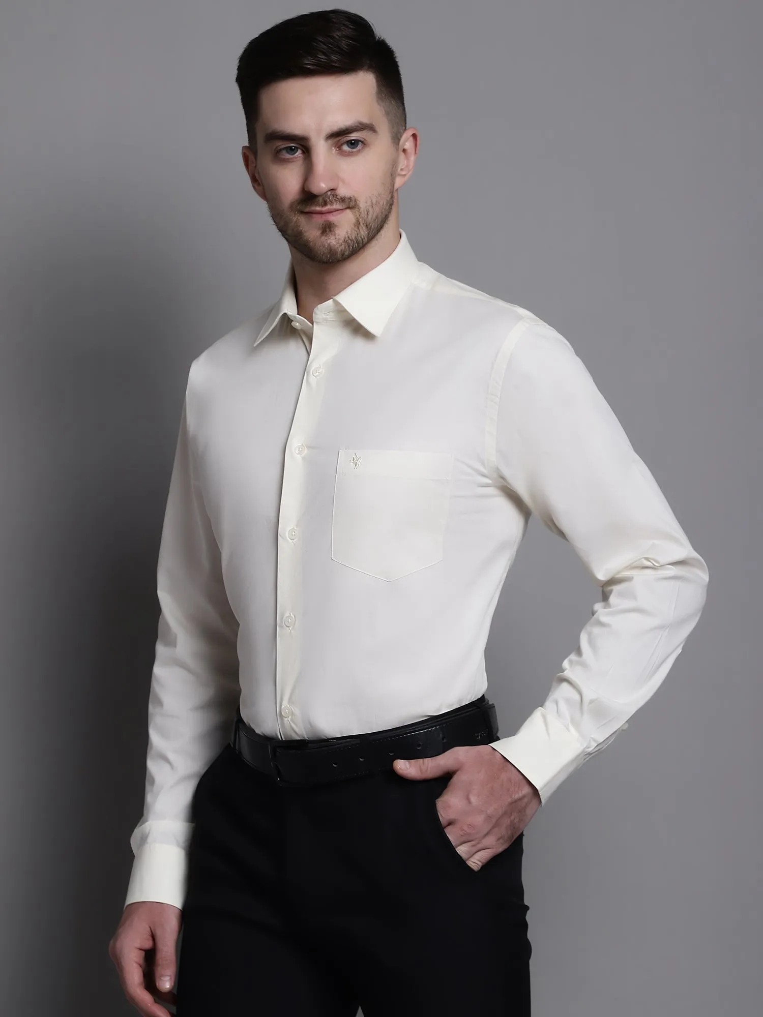 Men's Offwhite Formal Plain Stretch Full Sleeve Shirt