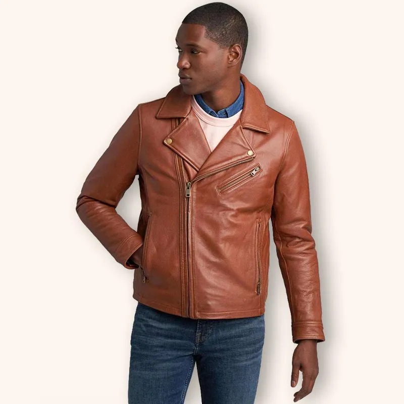 Men's Tan Brown Leather Biker Jacket