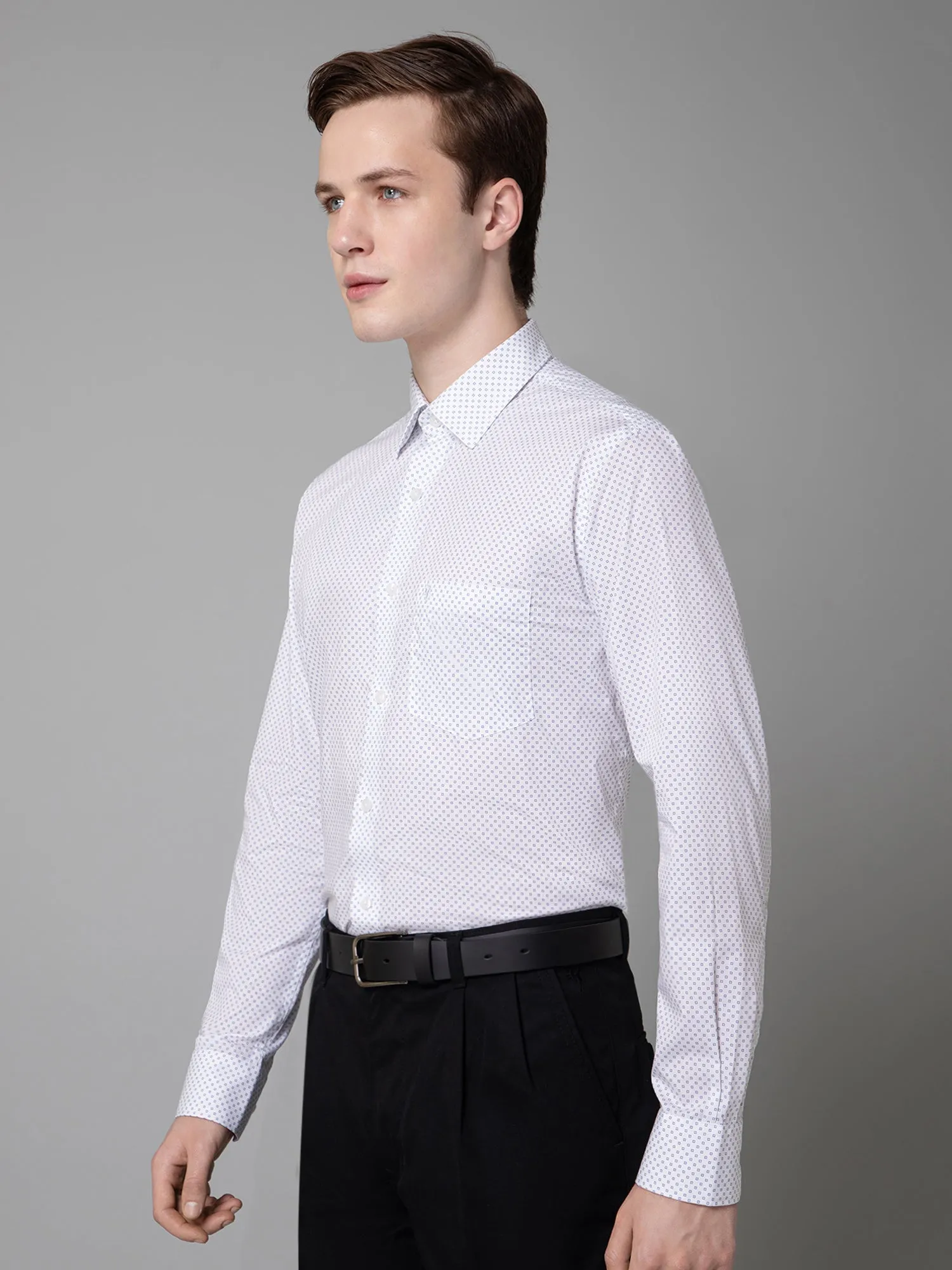 Men's White Formal Geometric Ditsy Print Full Sleeve Shirt