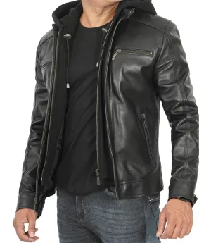 Merrill Men's Black Cafe Racer Hooded Leather Jacket