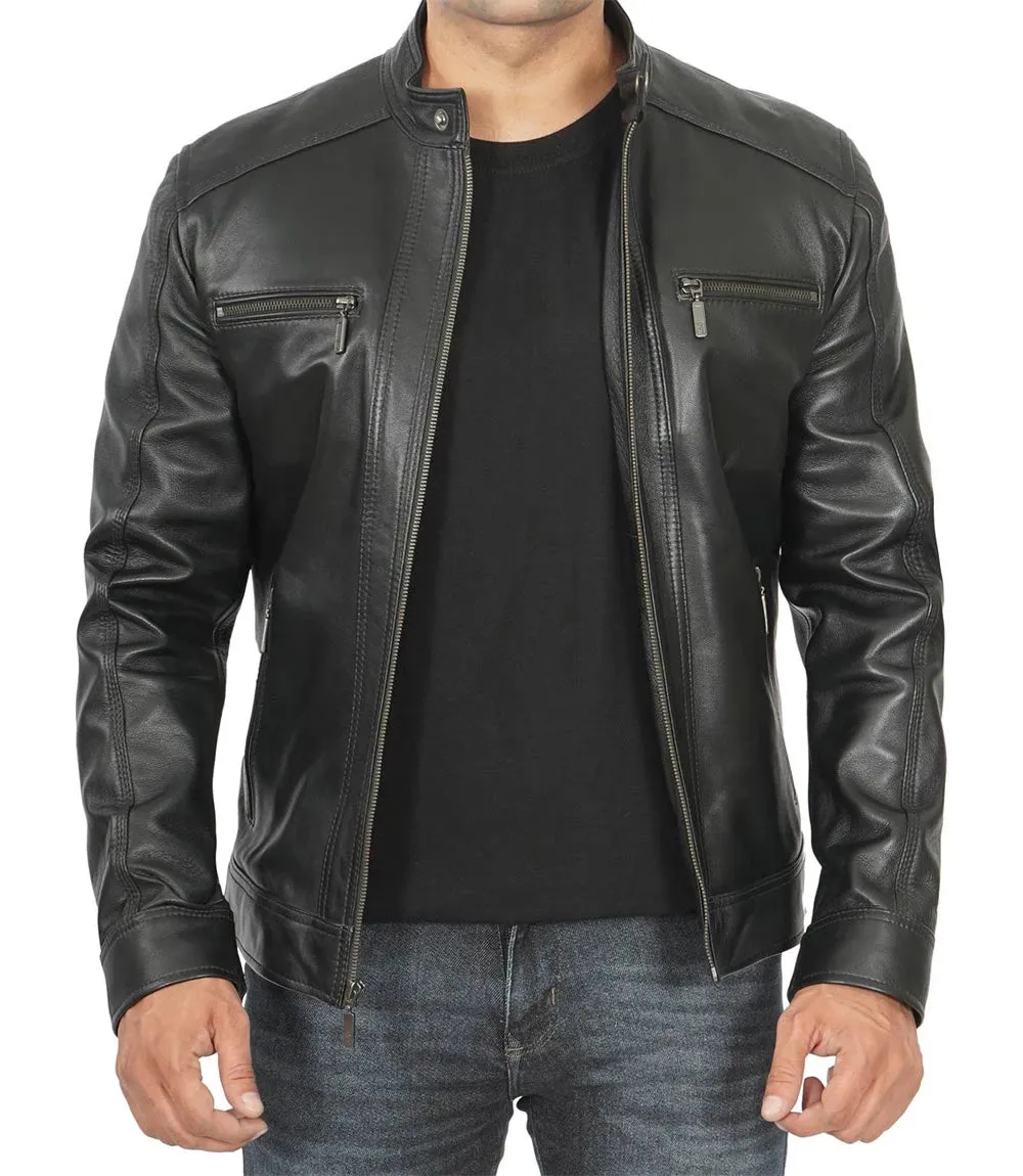 Merrill Men's Black Cafe Racer Hooded Leather Jacket