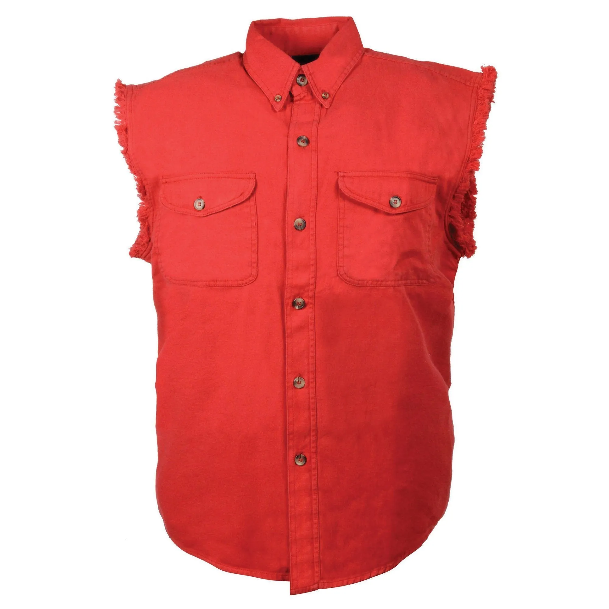 Milwaukee Leather DM4007 Men's Red Lightweight Denim Shirt with Frayed Cut Off Sleeveless