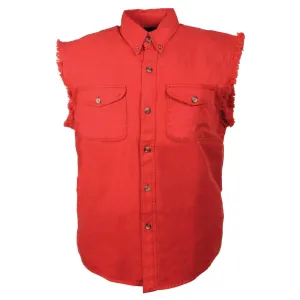 Milwaukee Leather DM4007 Men's Red Lightweight Denim Shirt with Frayed Cut Off Sleeveless