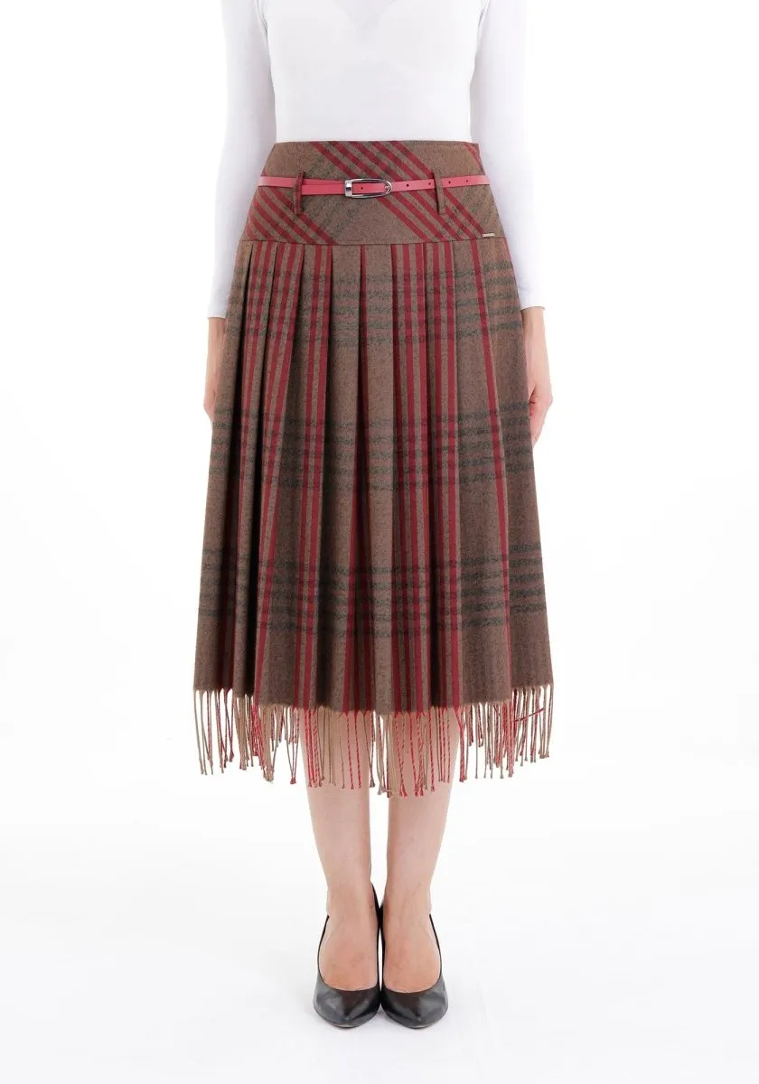 Mink Plaid Pleated Tassel Tartan Midi Skirt