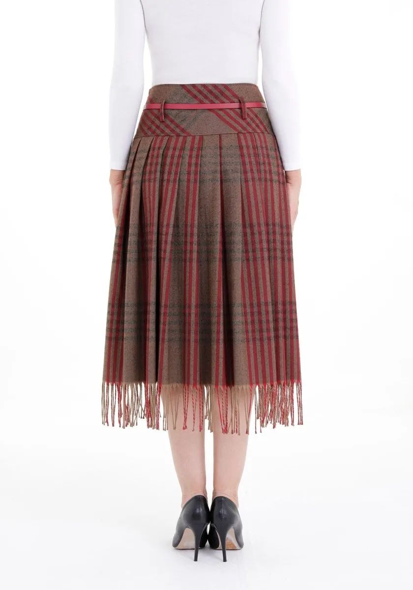 Mink Plaid Pleated Tassel Tartan Midi Skirt