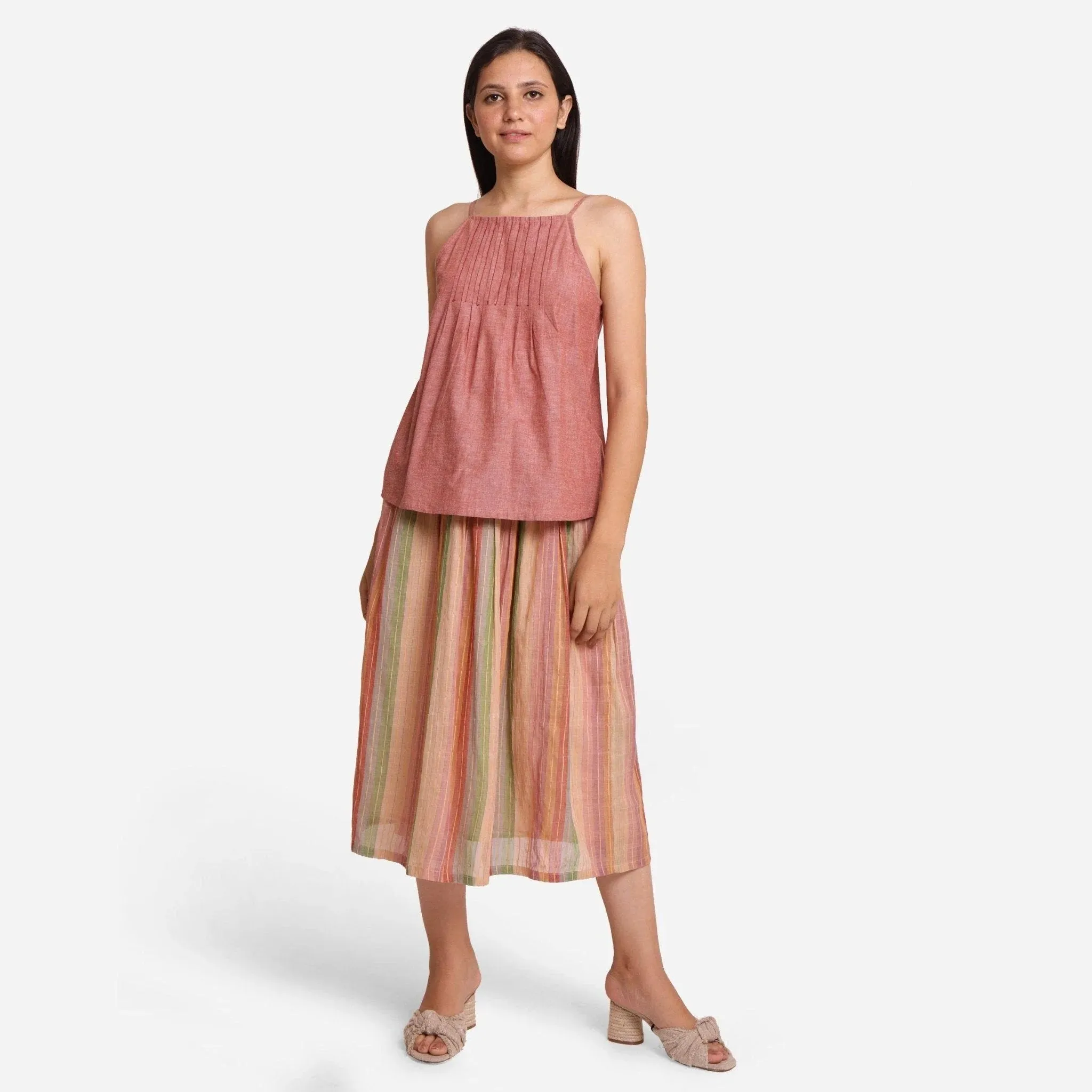 Multicolor Handwoven Cotton Striped Pleated Maxi Skirt