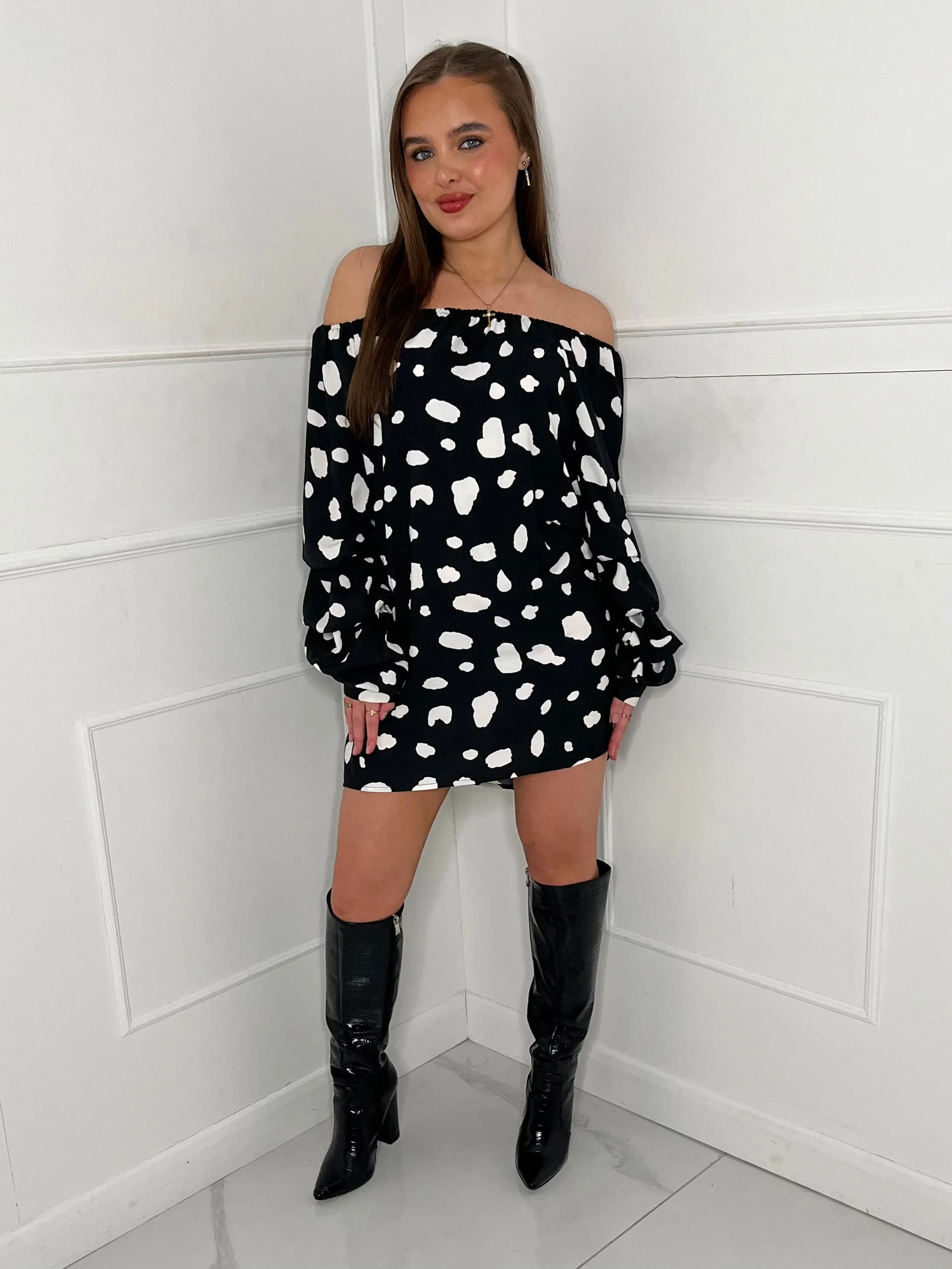 Off Shoulder Summer Dress -Black/White