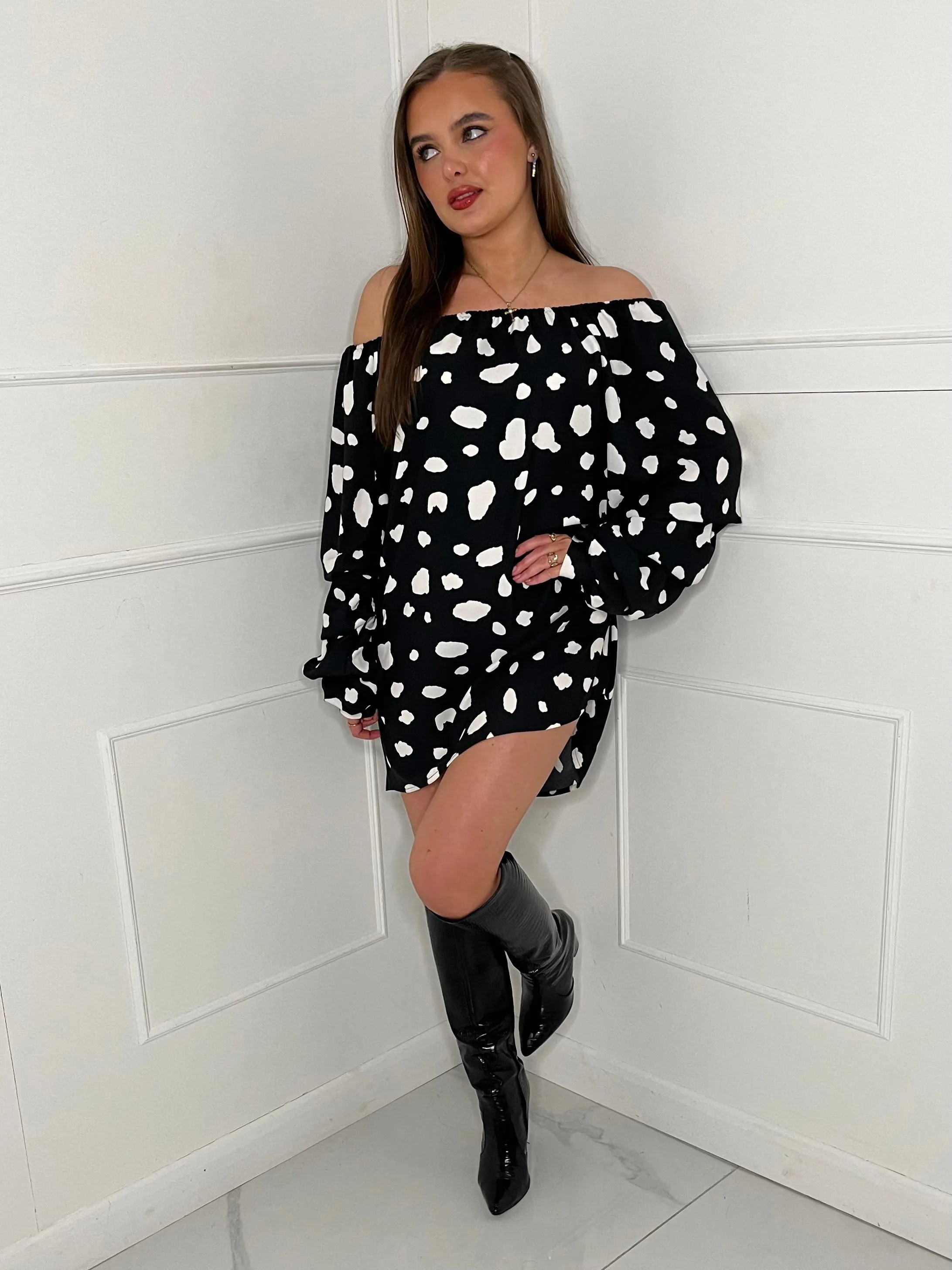 Off Shoulder Summer Dress -Black/White