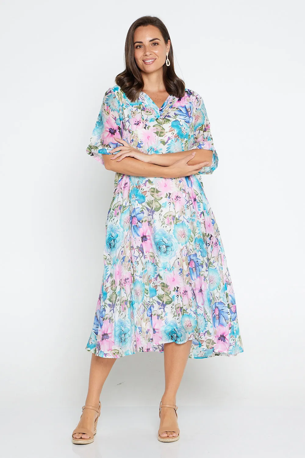 Penelope Dress - Pink Blue Floral