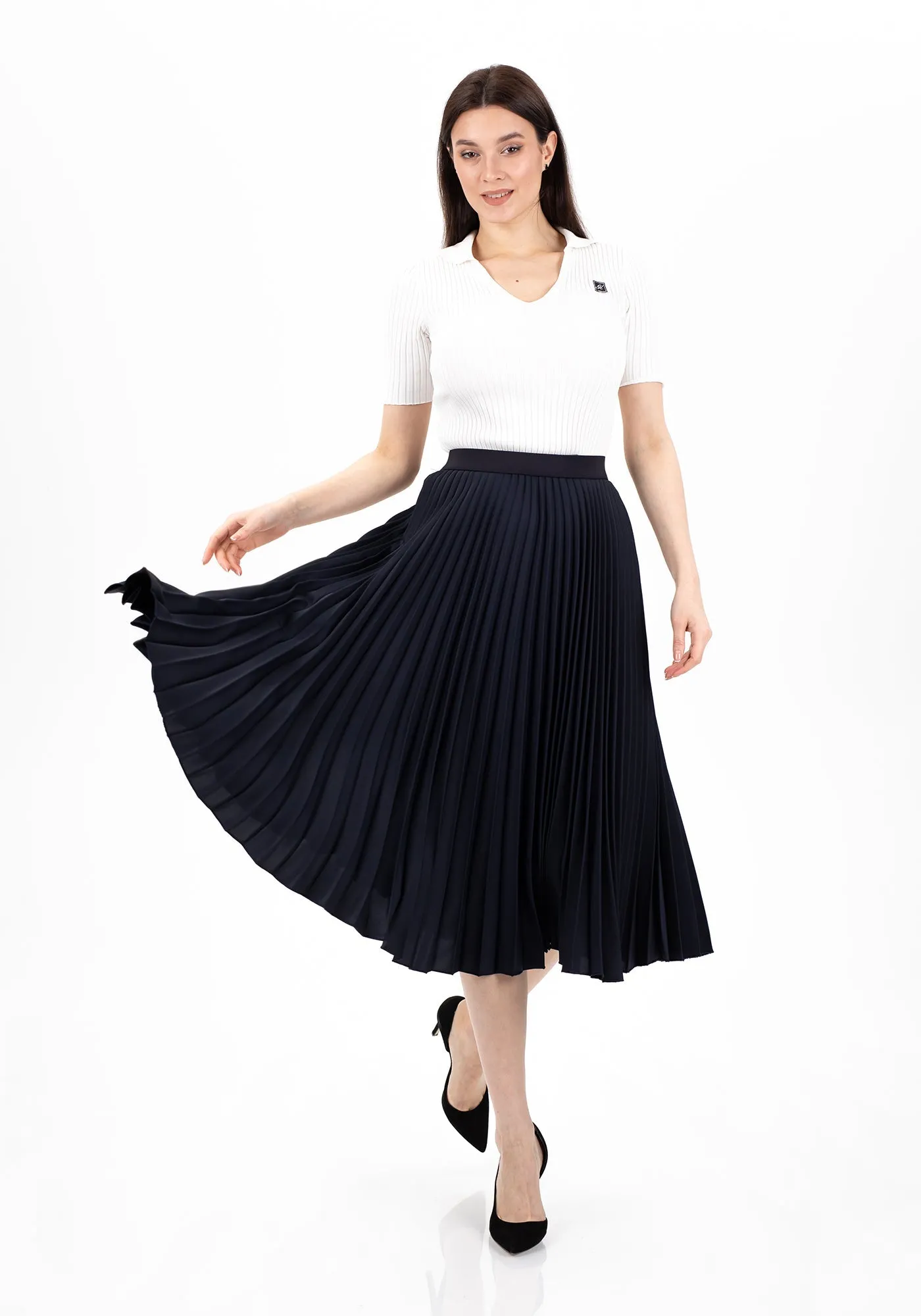 Pleated Midi Skirt with Elastic Waistband