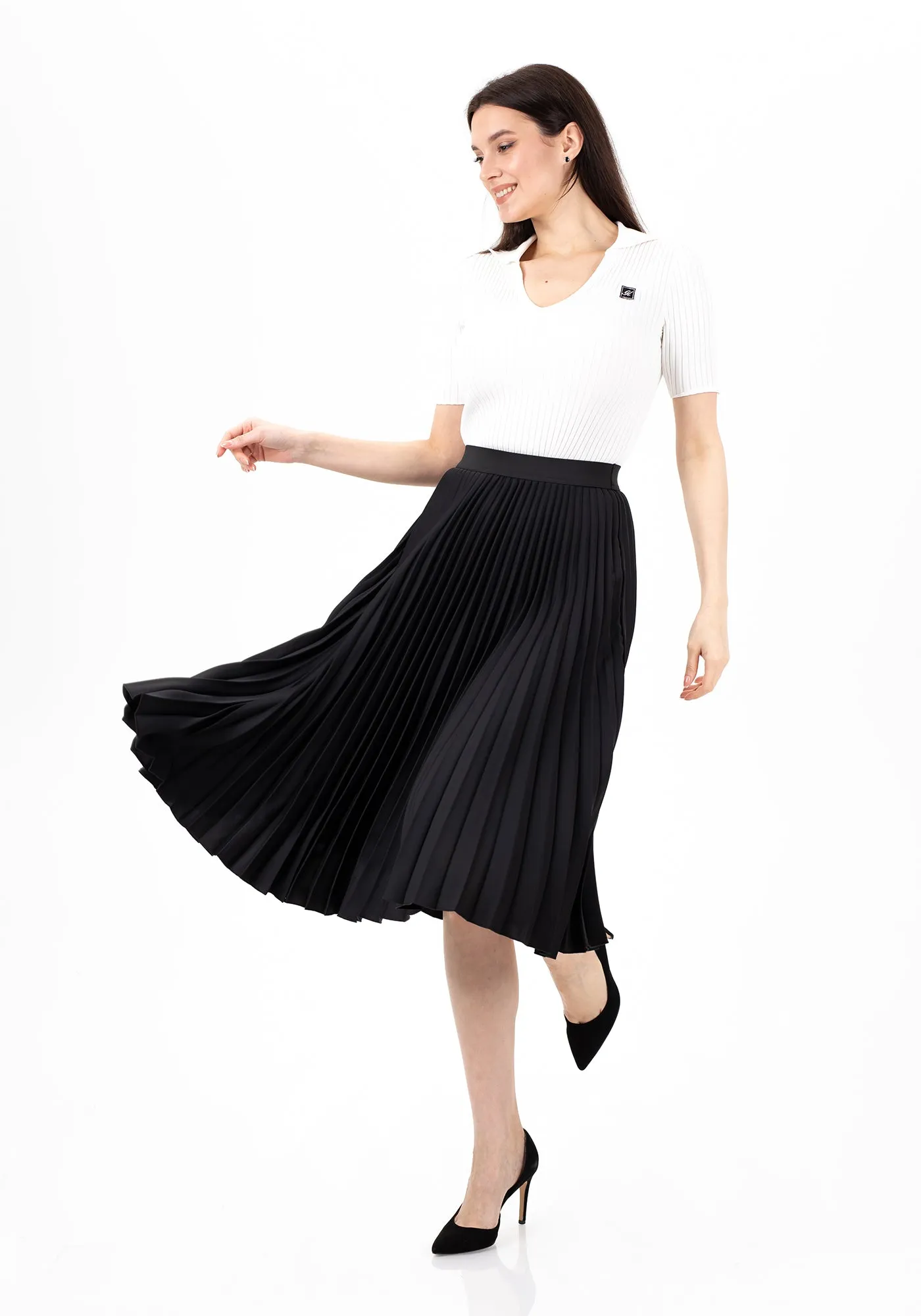 Pleated Midi Skirt with Elastic Waistband