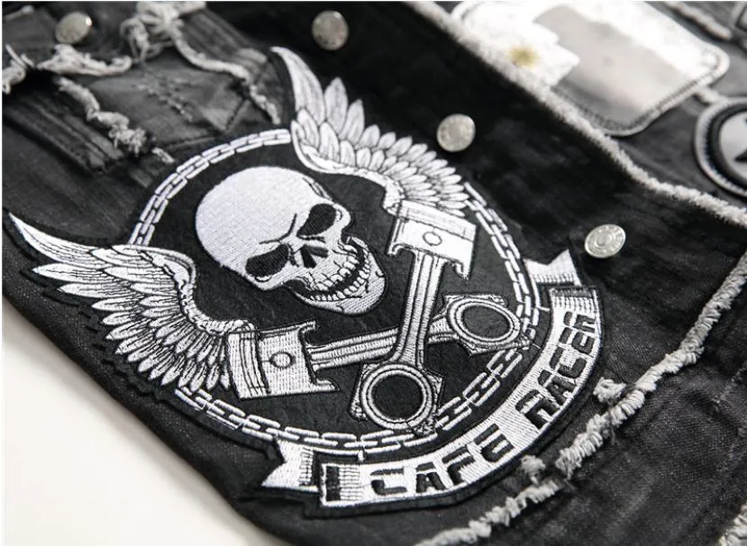 Punk Men Denim Vests / Black Rock Style Skull Embroidery Waistcoat - J2861