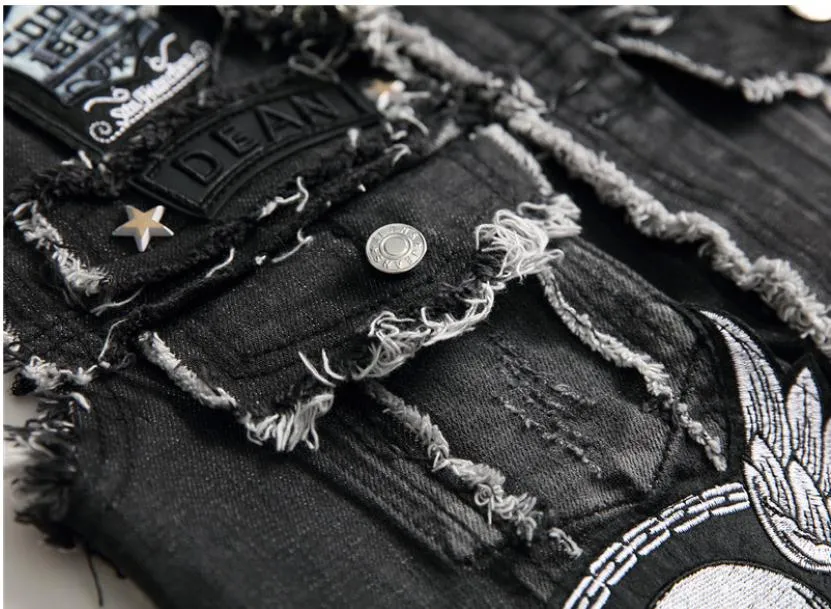 Punk Men Denim Vests / Black Rock Style Skull Embroidery Waistcoat - J2861