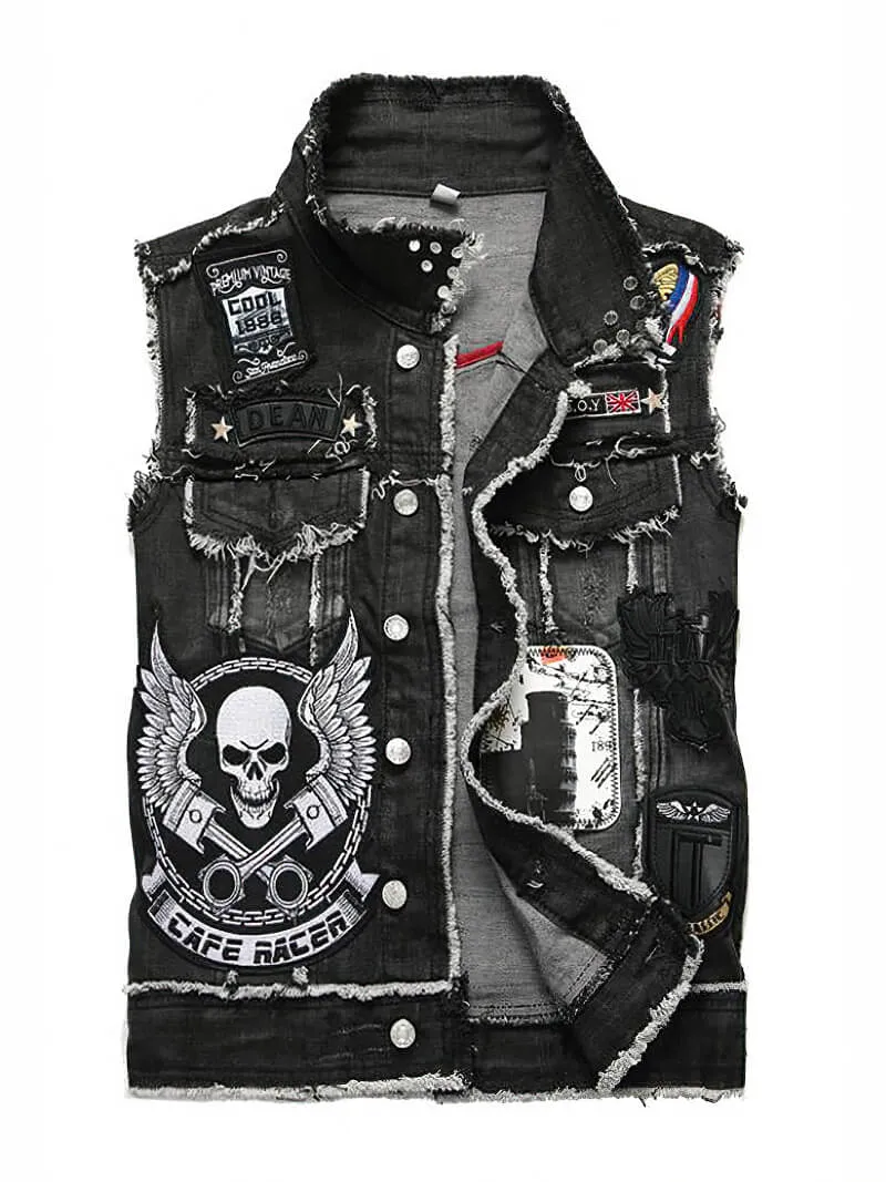 Punk Men Denim Vests / Black Rock Style Skull Embroidery Waistcoat - J2861