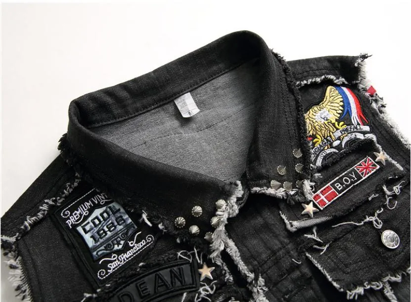 Punk Men Denim Vests / Black Rock Style Skull Embroidery Waistcoat - J2861