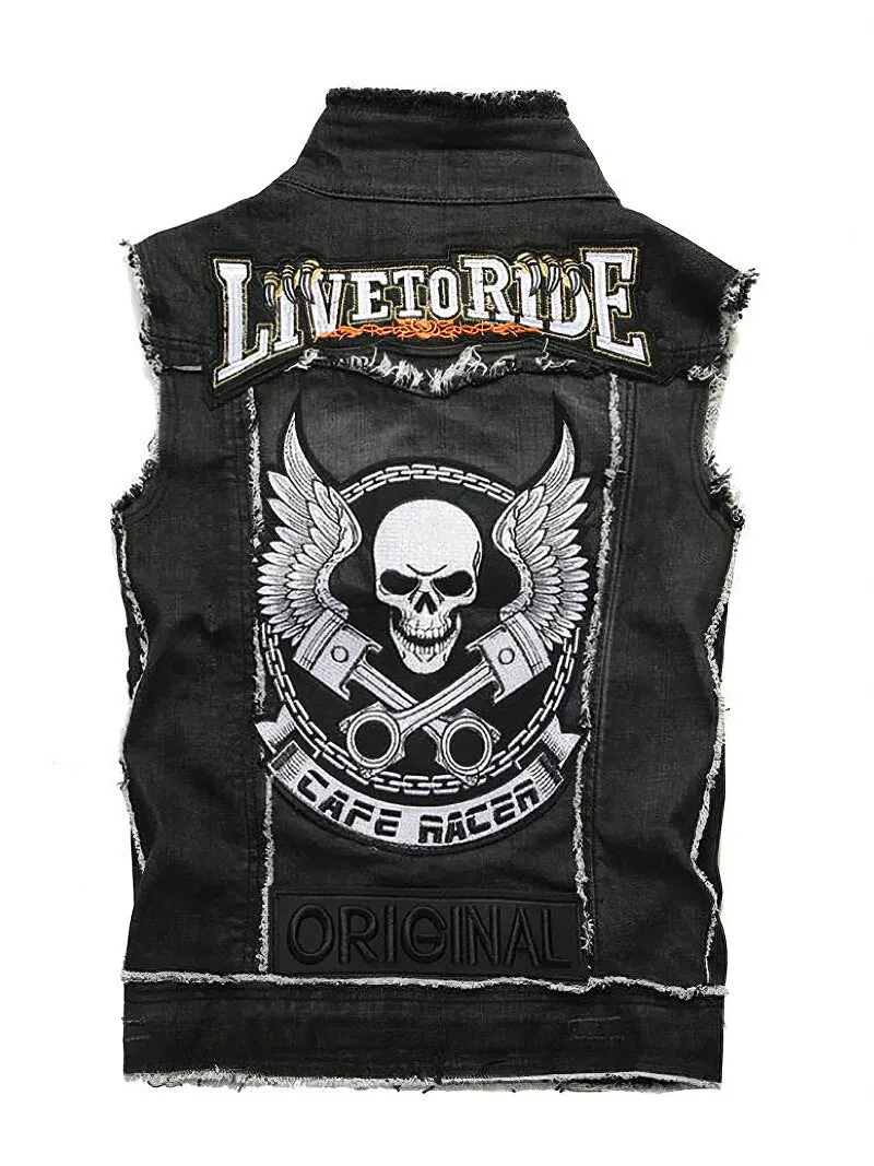 Punk Men Denim Vests / Black Rock Style Skull Embroidery Waistcoat - J2861