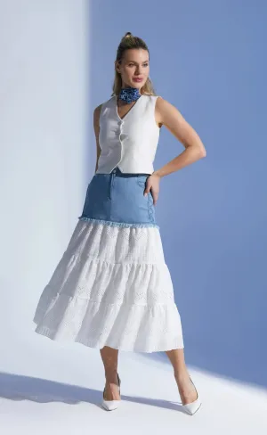 Ruffled Below the Knee Skirt with Denim Details: Lined and Stylish