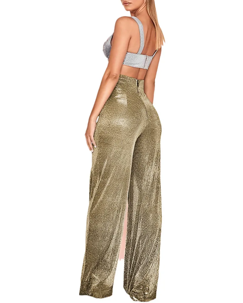 Silver High-Waisted Wide-Leg Slacks